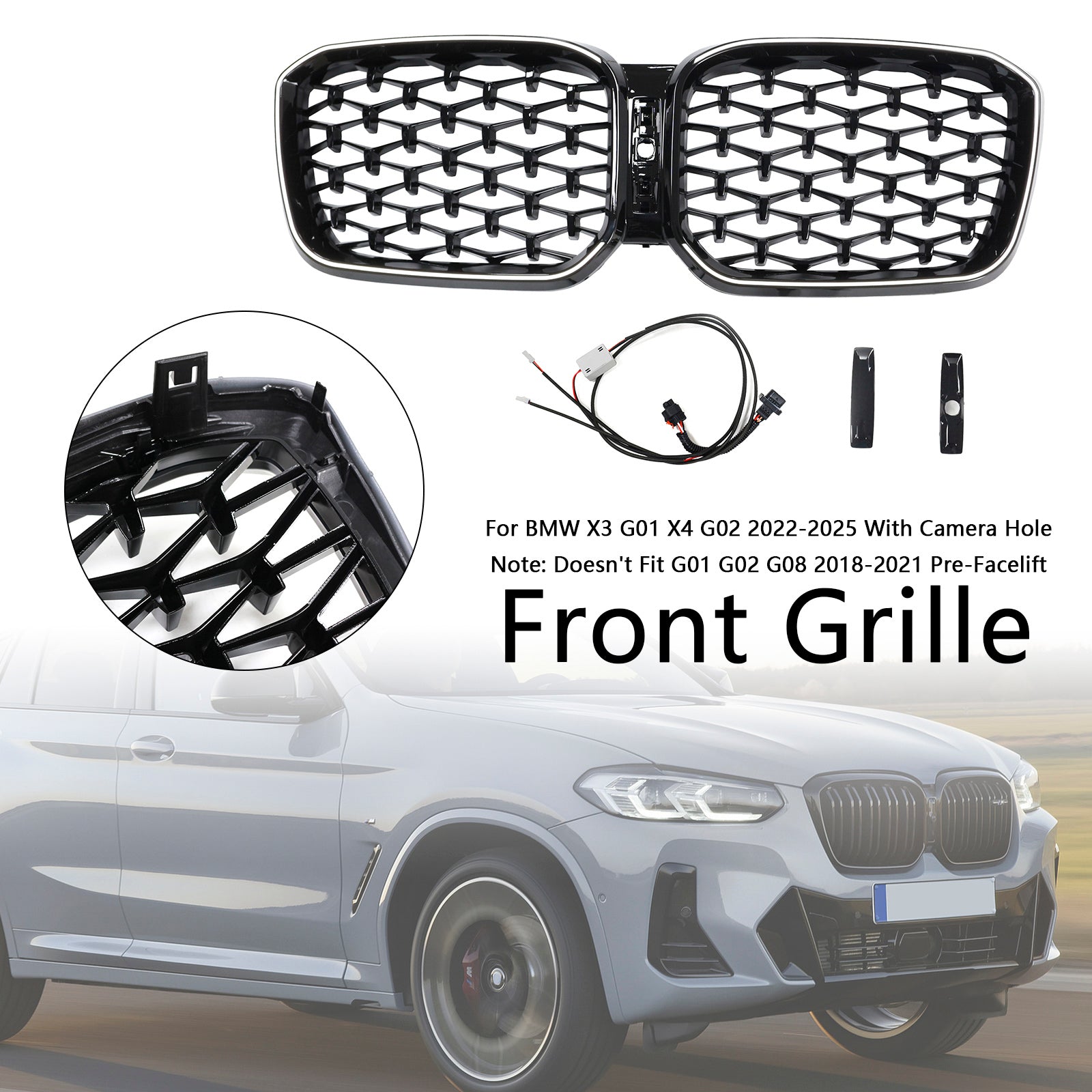 Grille de pare-chocs avant noire brillante diamantée pour BMW X3 G01 X4 G02 2022-2025