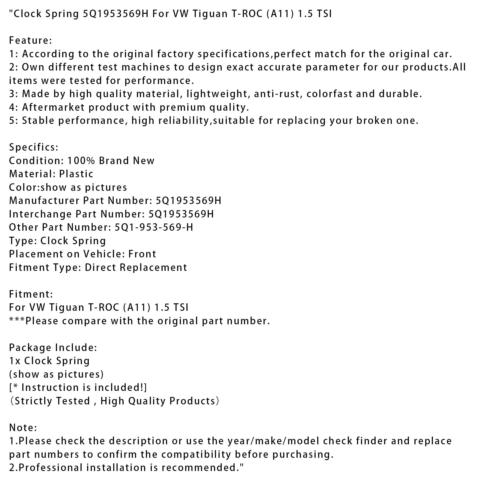 Primavera di'orologio 5Q1953569H per VW Tiguan T-ROC (A11) 1.5 TSI