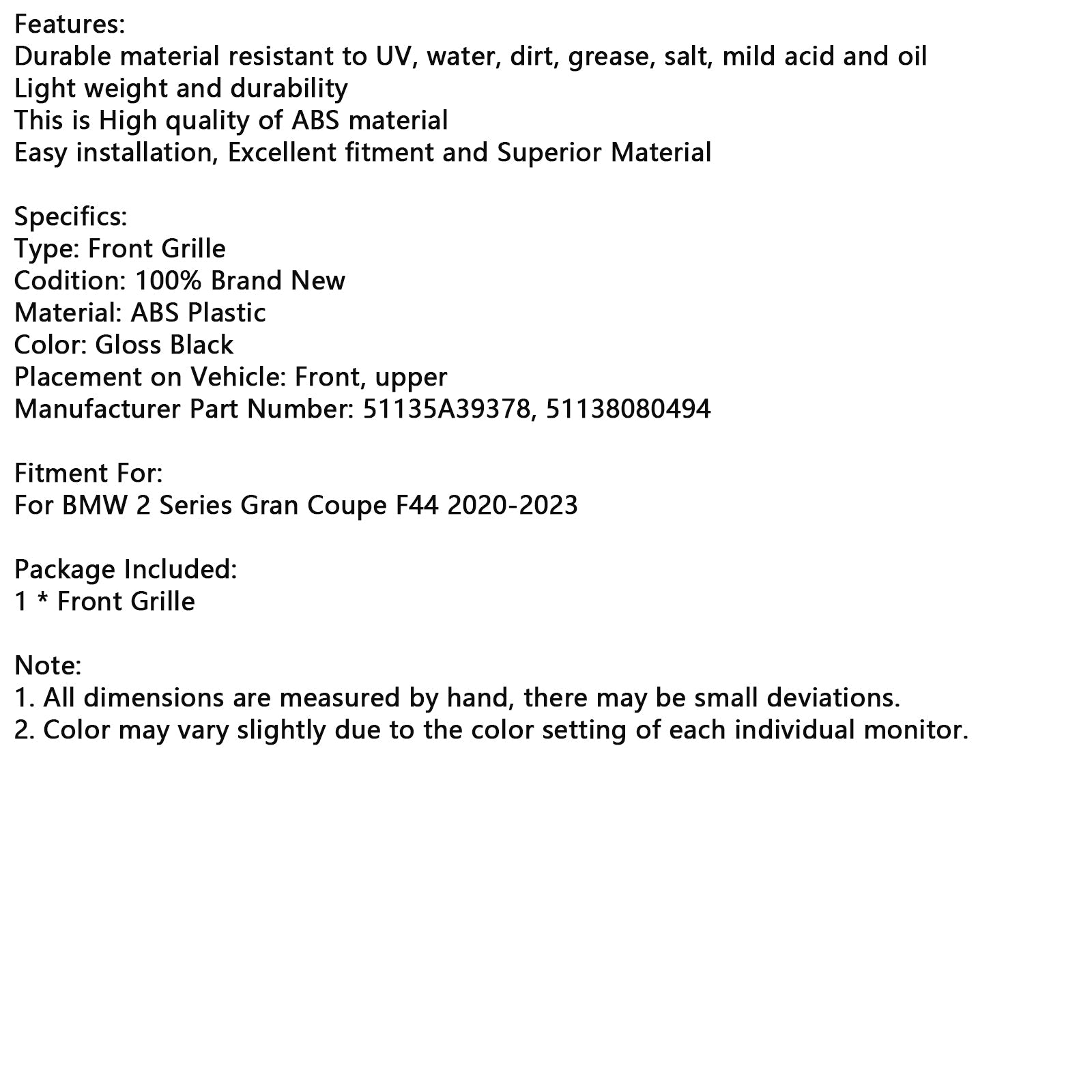 Rejilla De Parachoques Delantero Negro Brillo BMW Serie 2 Gran Coupe F44 2020-2023 51135A39378 51138080494