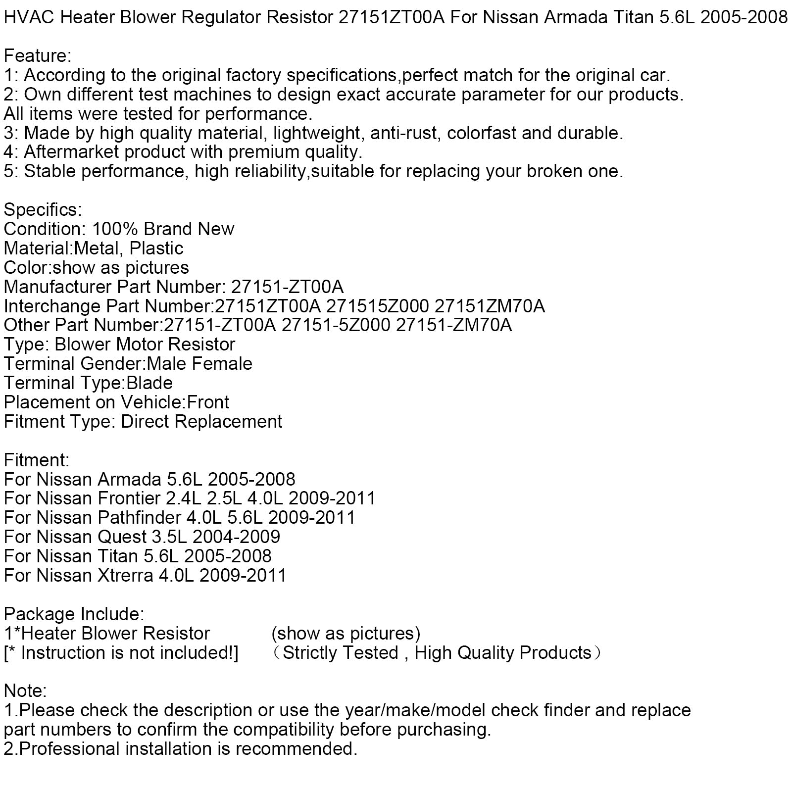 Rezystor regulatora nagrzewnicy/wentylatora AC 27151ZT00A dla Nissan Armada 2005-2008