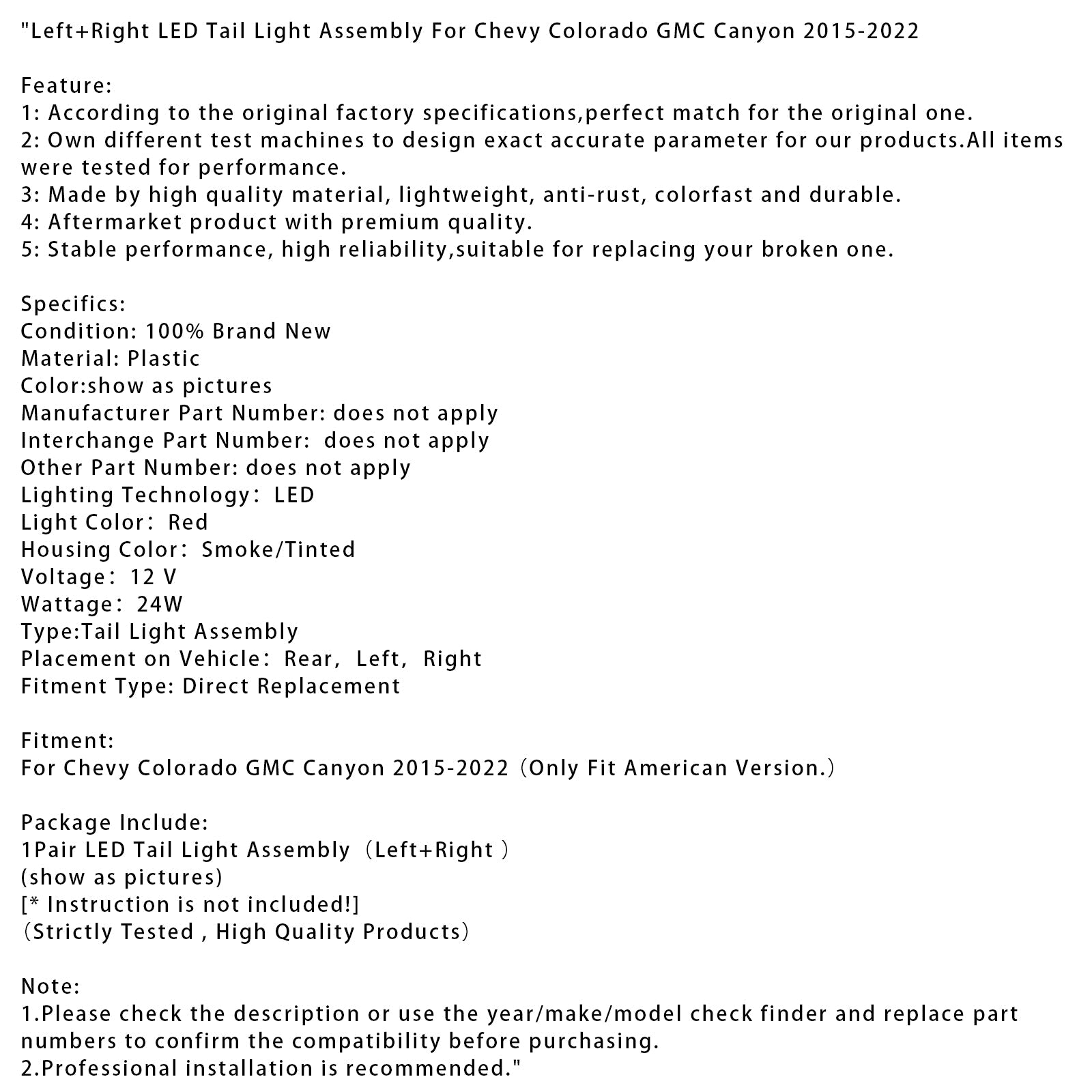 Ensemble de feux arrière à DEL gauche et droit pour Chevrolet Colorado GMC Canyon 2015-2022