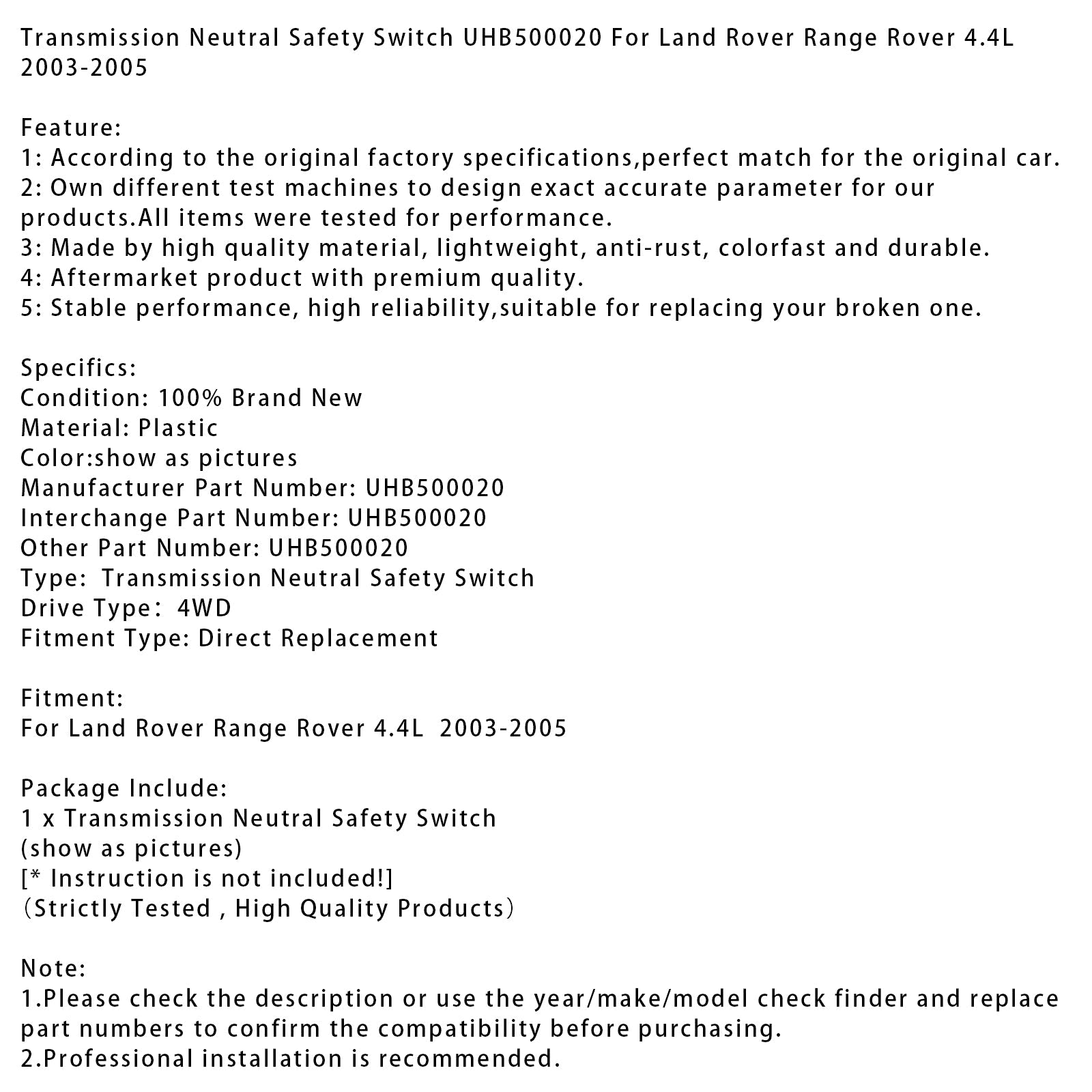 UHB500020 UHB500020 Switch de seguridad de la muerte para la muerte para Land Rover Range Rover 4.4L 2003-2005