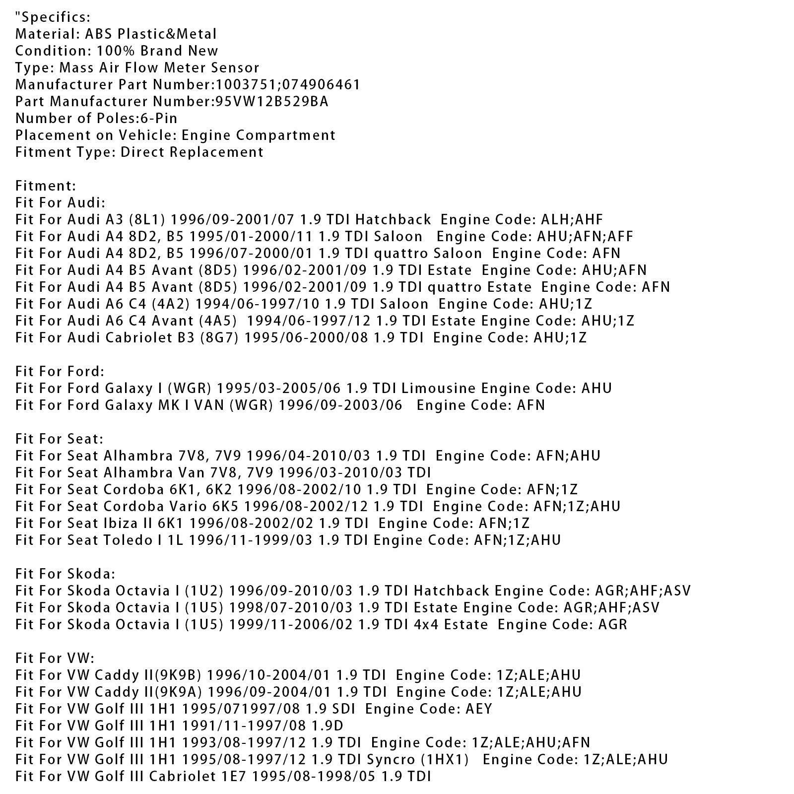 Senzor merilnika pretoka d'zračna masa za Audi A3 8L1, VW Golf IV, Passat B5 074906461