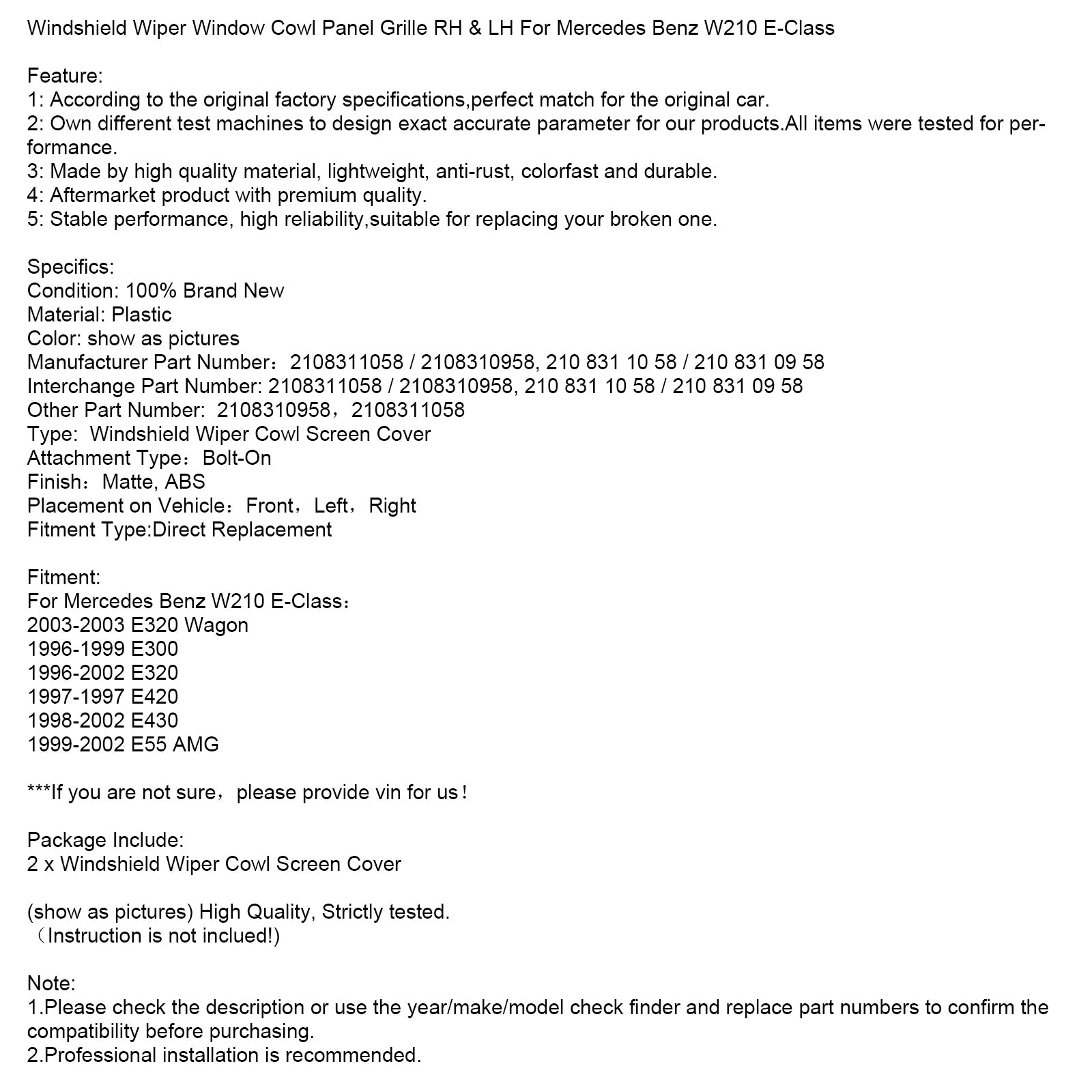 1996-2002Mercedes-Benz W210 Rejilla del panel del capó de la ventana del limpiaparabrisas Clase E E320 derecha e izquierda