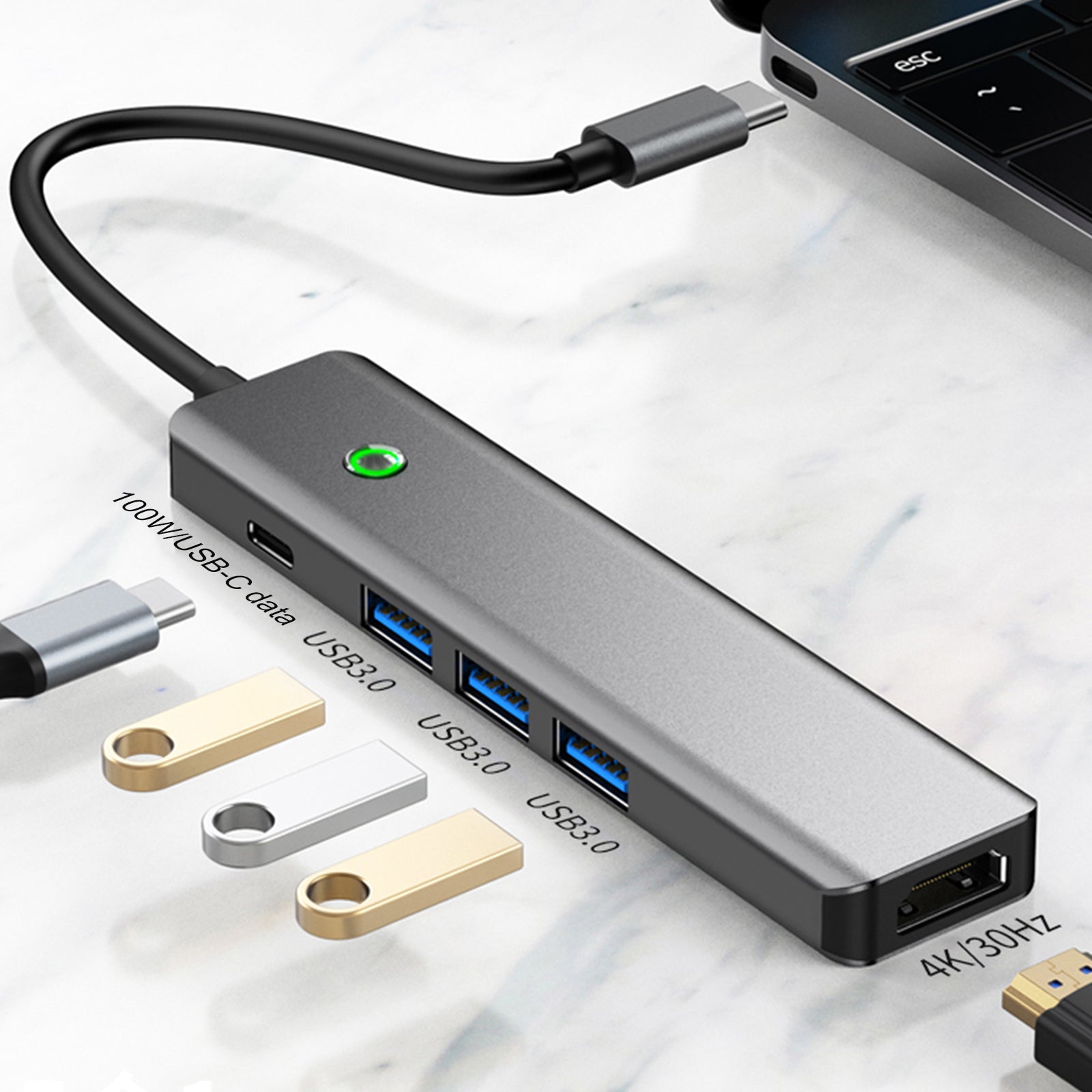 Adaptador de concentrador de interfaz 5 en 1 TYPE-C USB3.0 HDMI PD100W para MacBook iPad Pro