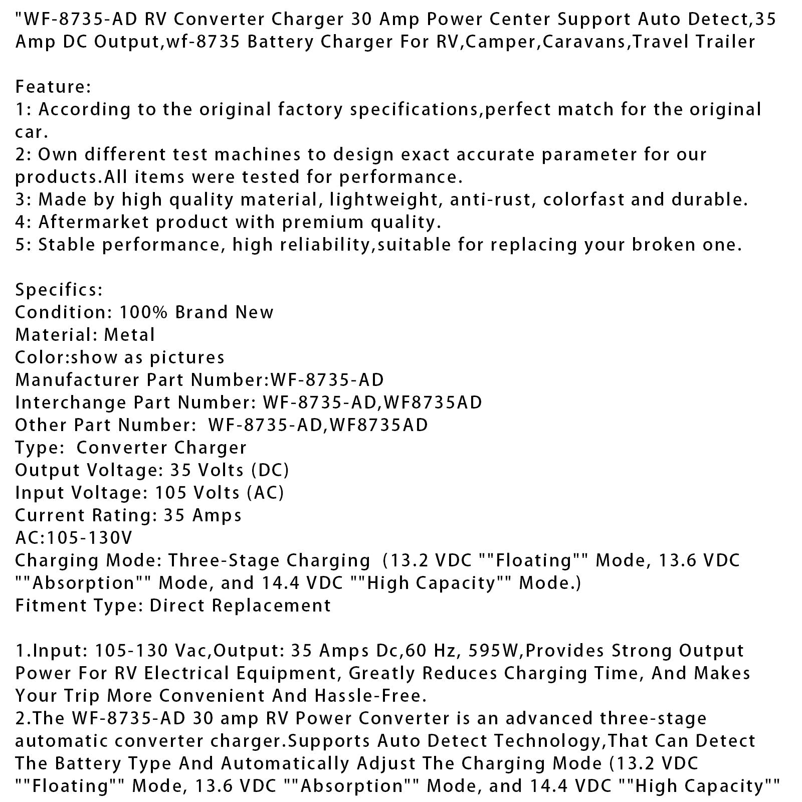 WF-8735-AD RV-omvormer/lader, 30 A, compatibel met laadstations'automatische stroomvoorziening en detectie van campers.
