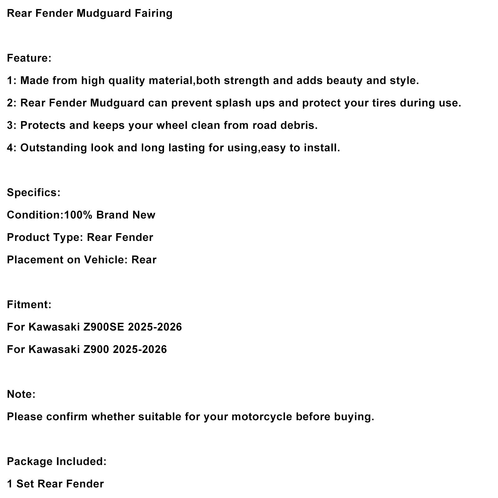 2025-2026 Kawasaki Z900 Z900SE Carénage de garde-boue arrière