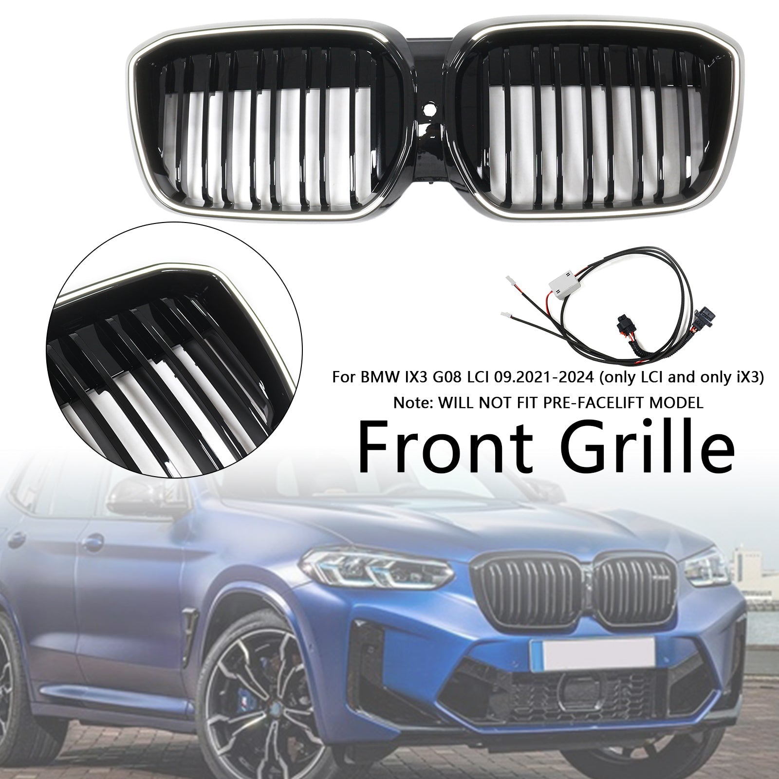 Grille de calandre avant noire brillante à double lamelles pour BMW IX3 G08 LCI 2022-2024