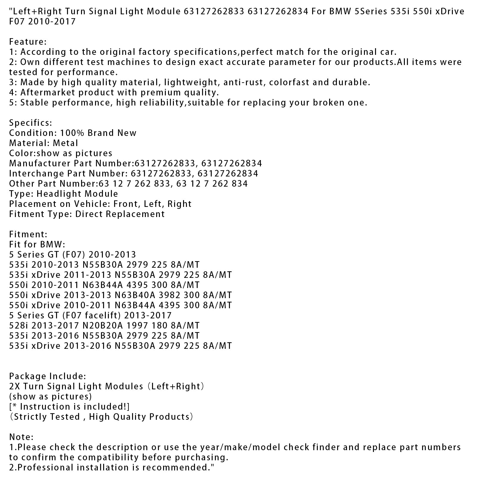 Levi in desni utripajoči modul za BMW 5 535i 550i XDrive F07 10-17