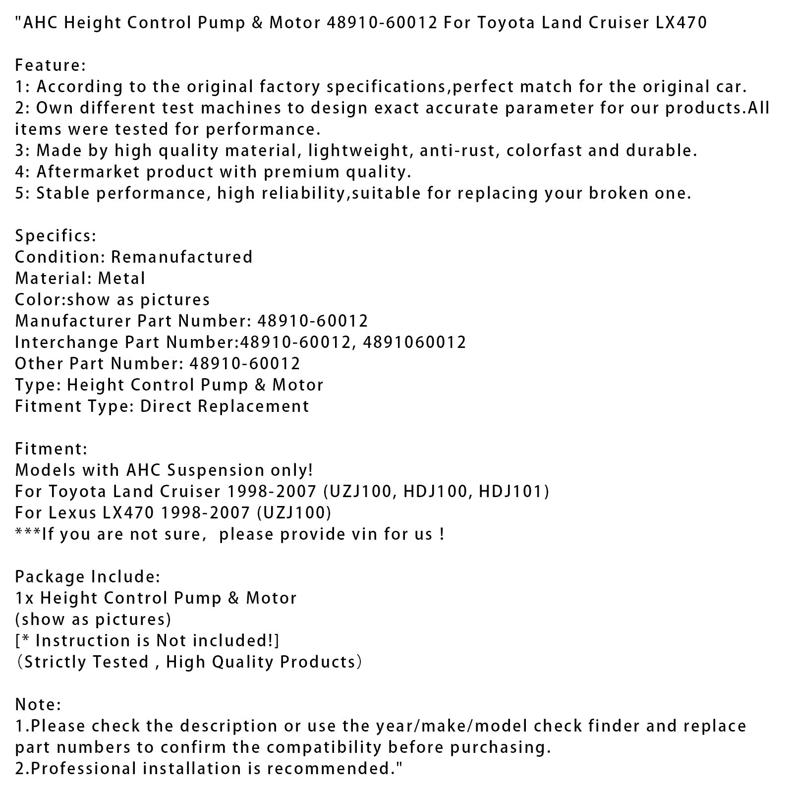 Pompe et moteur de contrôle de hauteur AHC 48910-60012 pour Toyota Land Cruiser LX470
