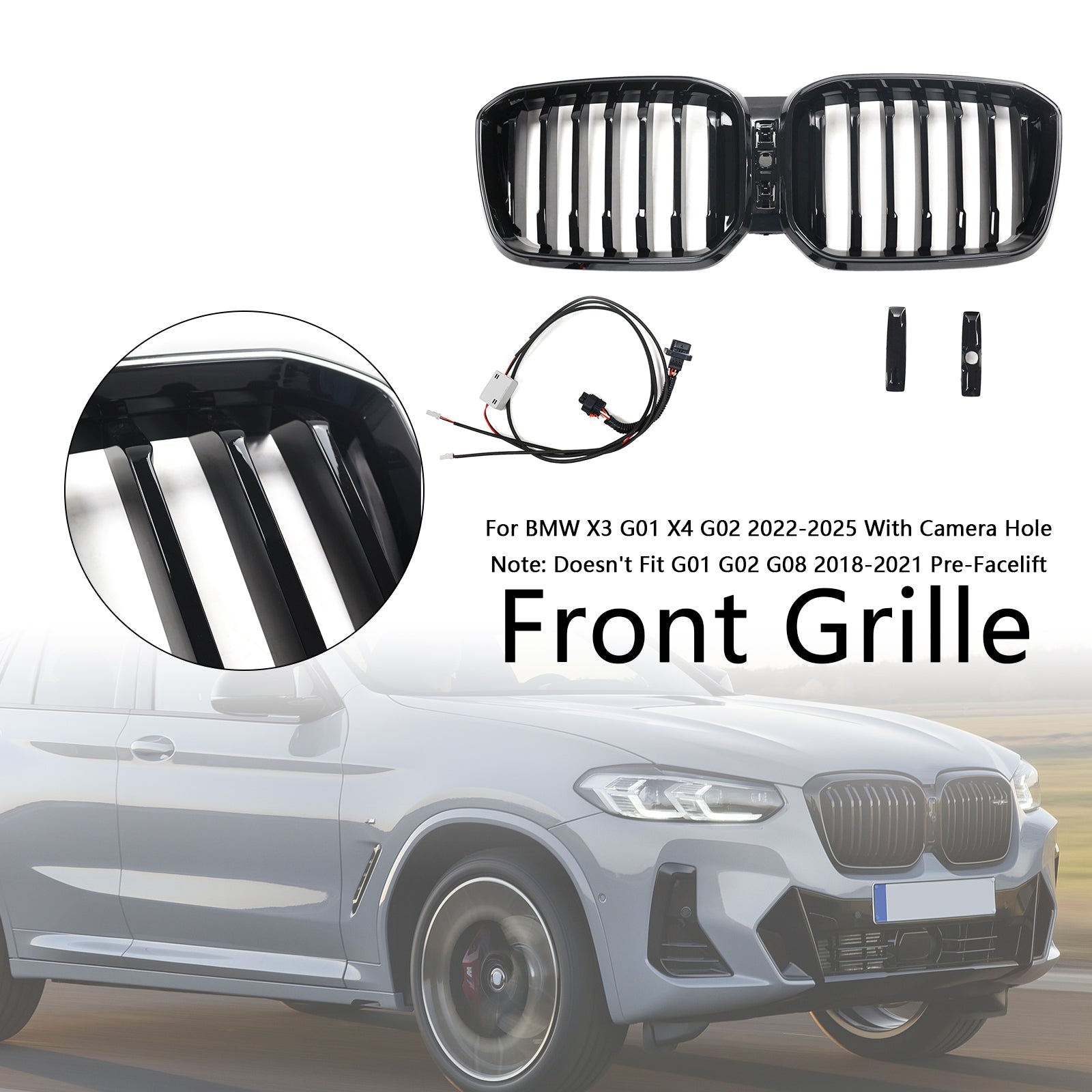 Bright Black Bumper-rooster met gat met gat voor camera voor BMW X3 G01 X4 G02 2022-2025