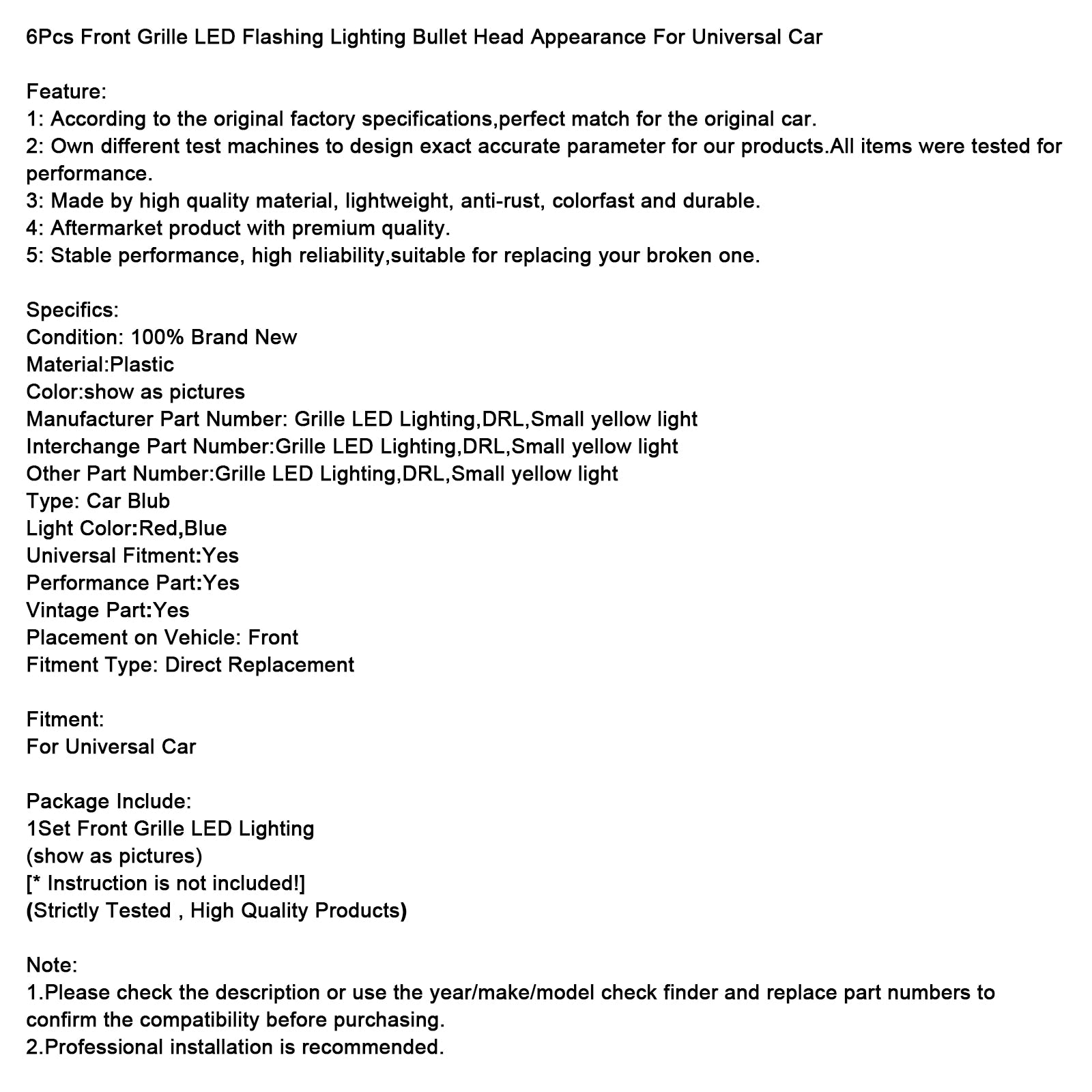 Conjunto de 6 luces intermitentes de luz para rejilla delantera, estilo de cabeza de bola, universal, para coche