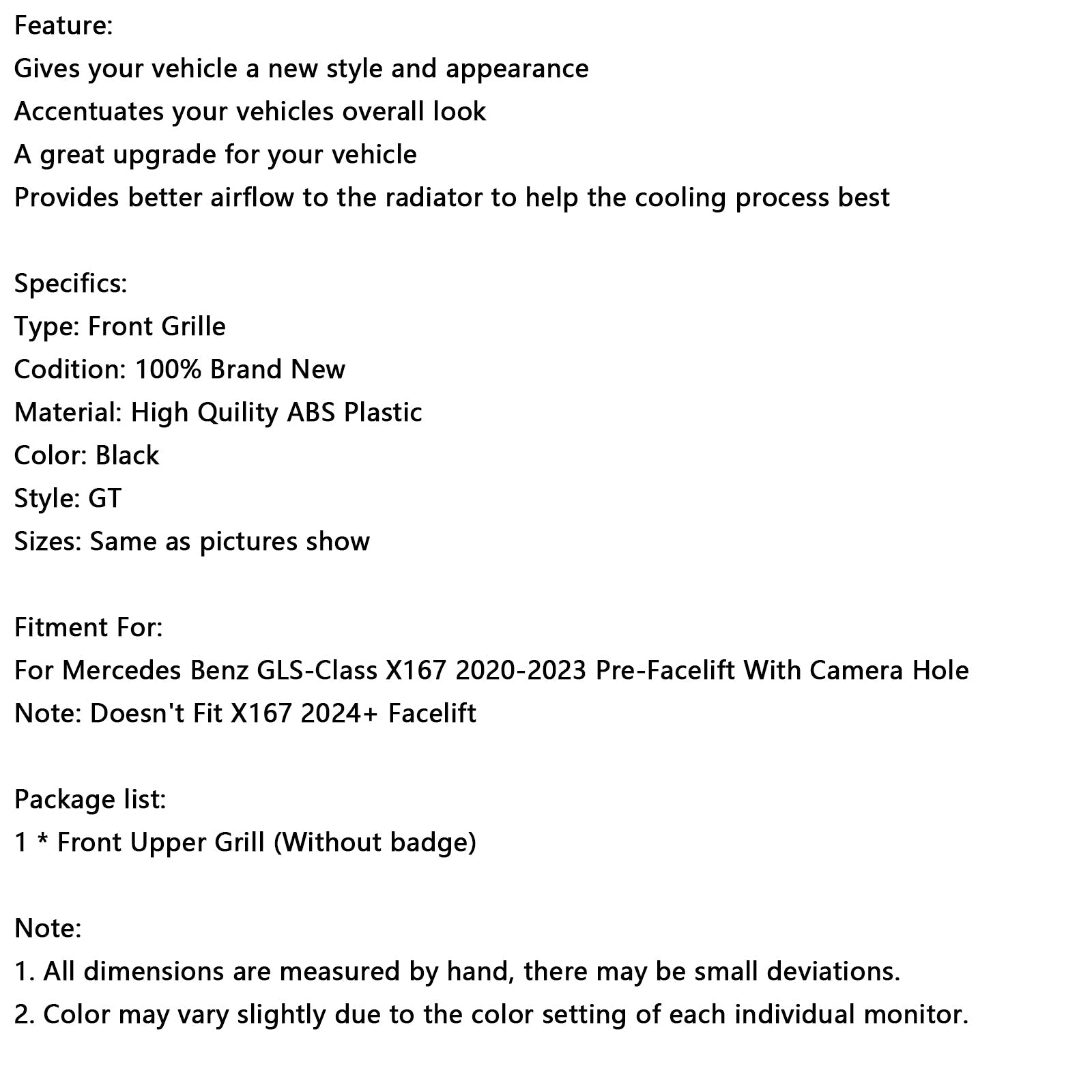 Griglia per paraurti anteriore per Mercedes Benz X167 GLS450 GLS580 2020-2023