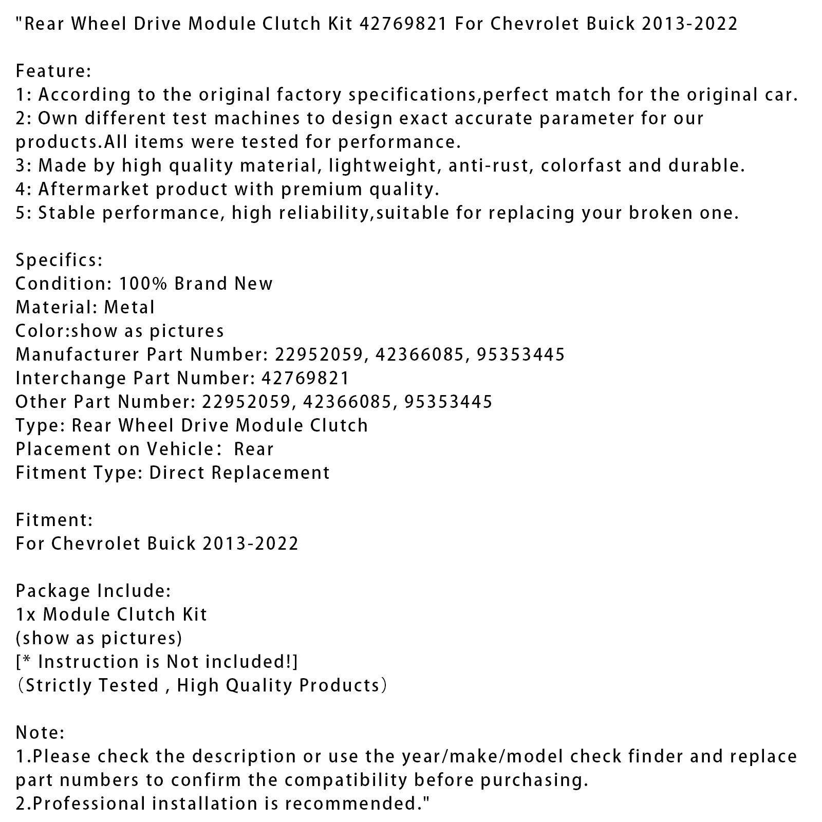 Kit d'embrayage pour module de transmission arrière Chevrolet Buick 2013-2022, référence 42769821