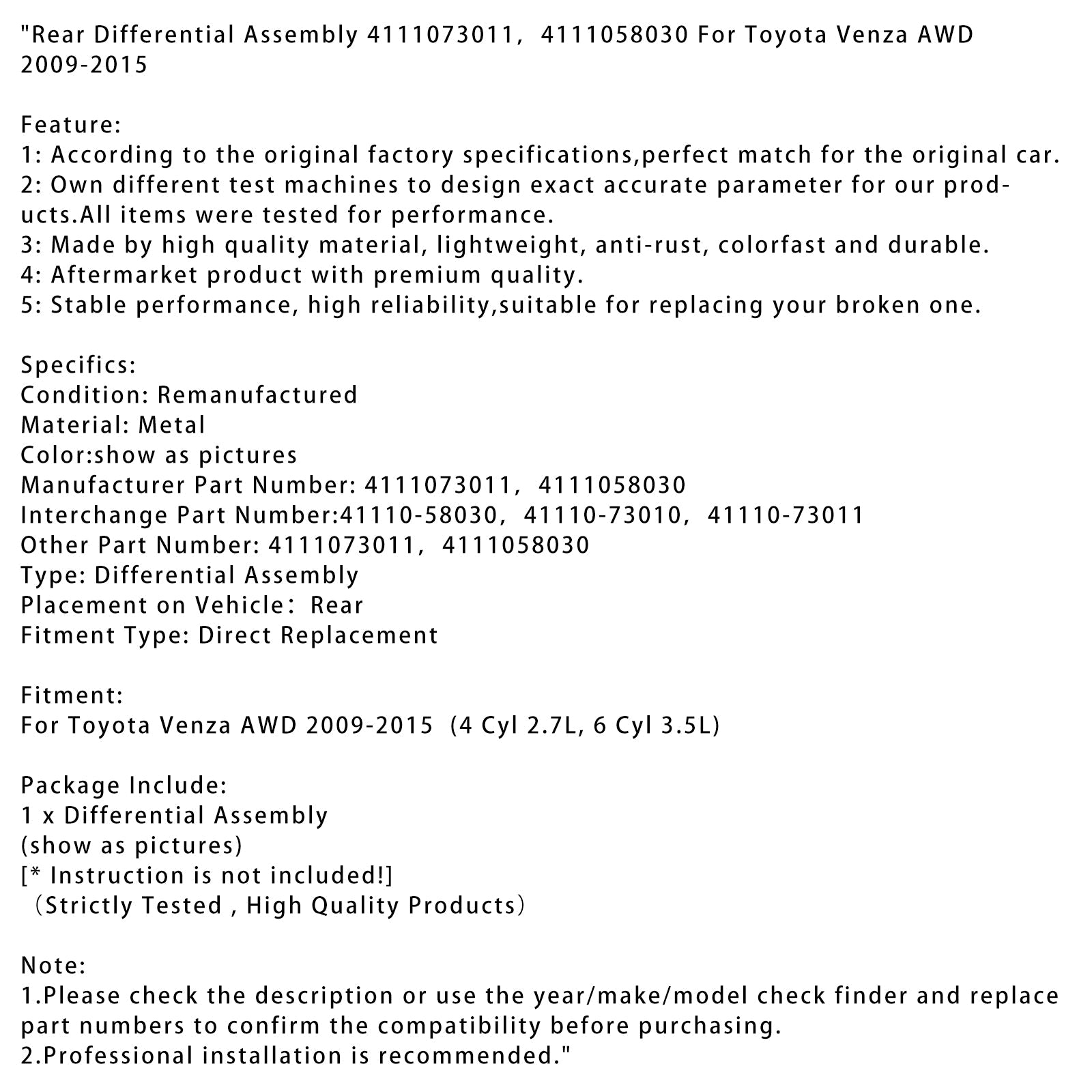 Ensemble différentiel arrière à traction intégrale Toyota Venza 2009-2015 4111073011 4111058030
