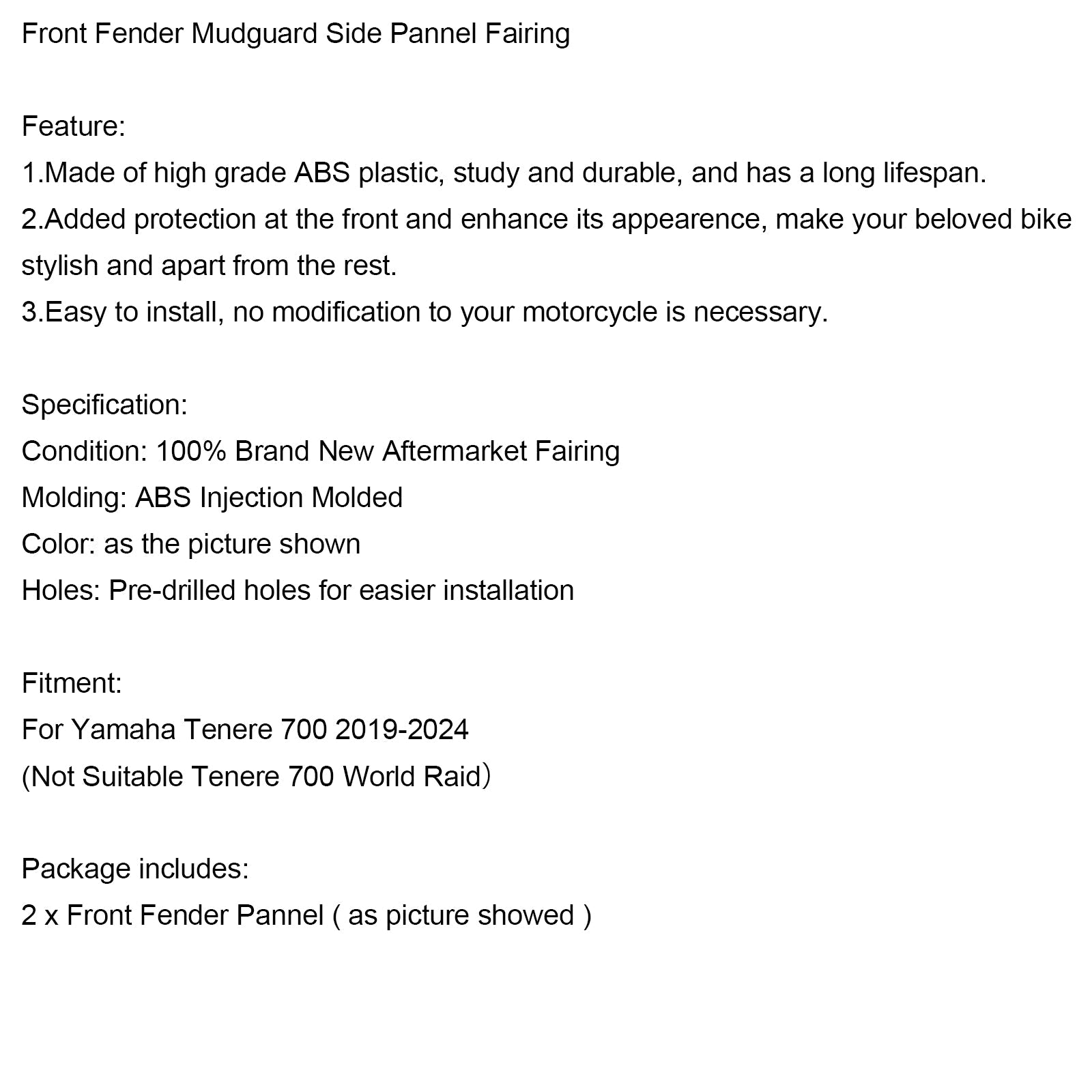 Careta di protezione del pannello di fango anteriore laterale per Yamaha Tenere 700 2019-2024