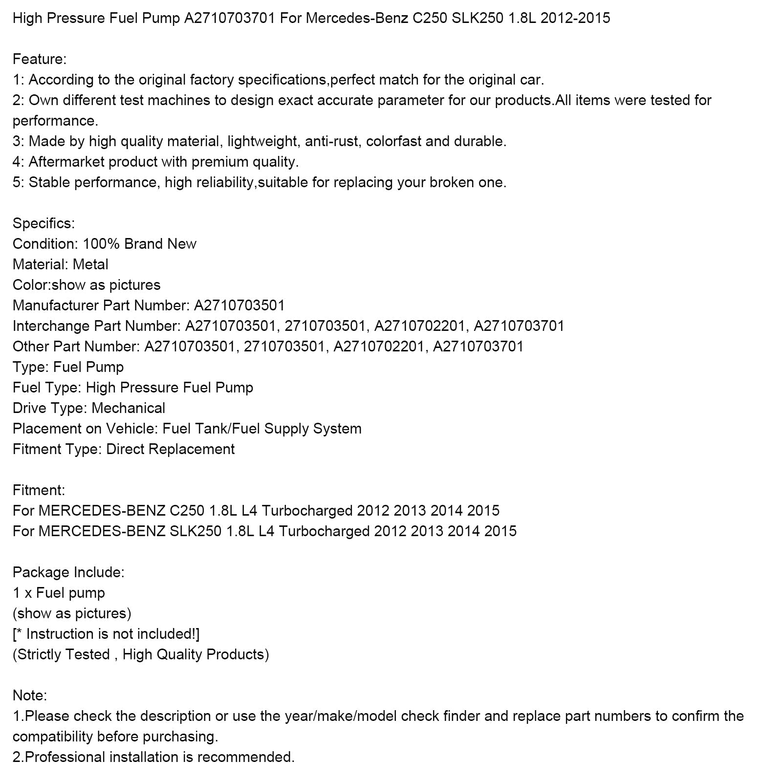 Pompa ad alta pressione Mercedes-Benz SLK250 1.8 L L4 2012 2013 2014 2015 A2710703701