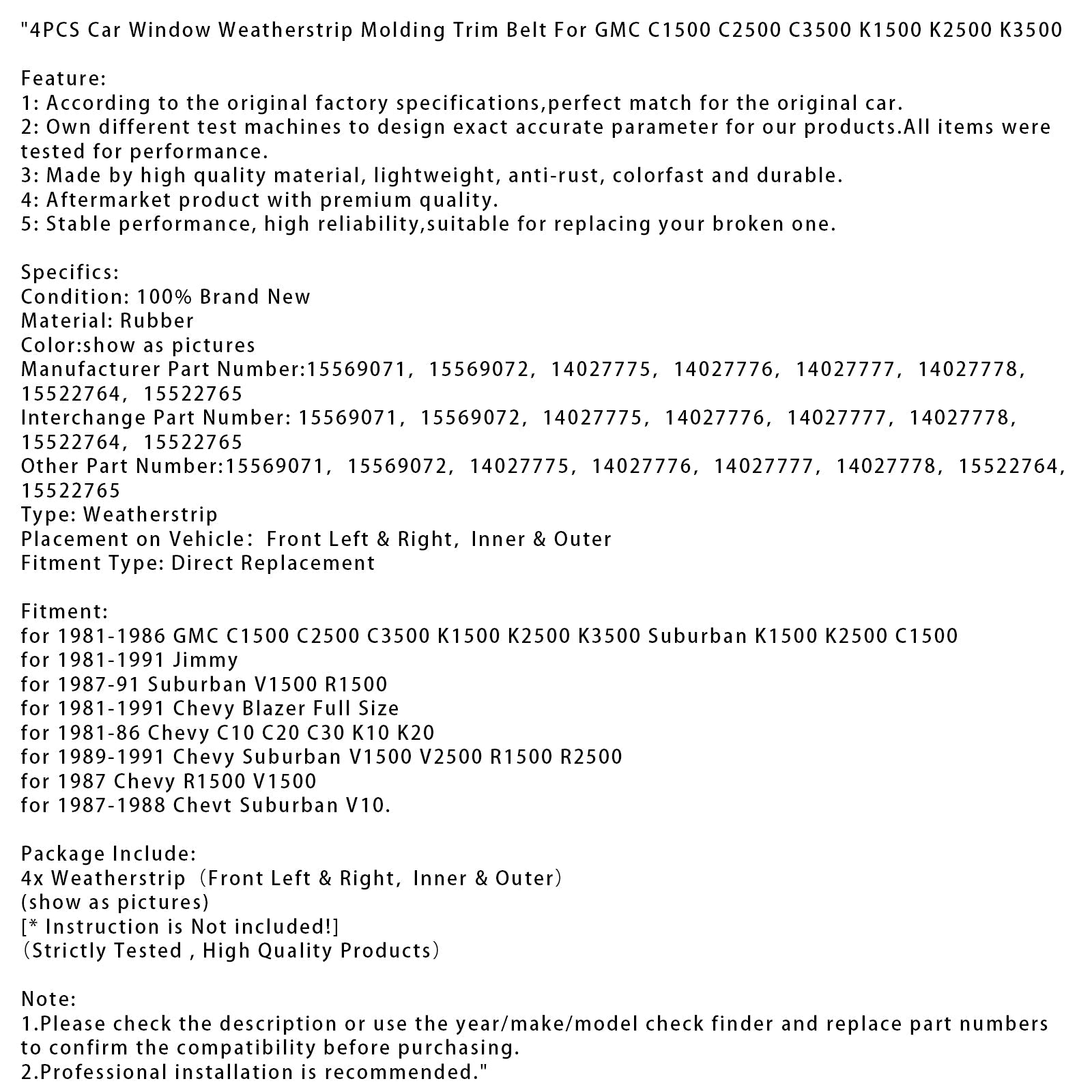 Joints d'étanchéité pour vitres de voiture (4 pièces) + 2 joints pour GMC C1500 C2500 C3500 K1500 K2500 K3500