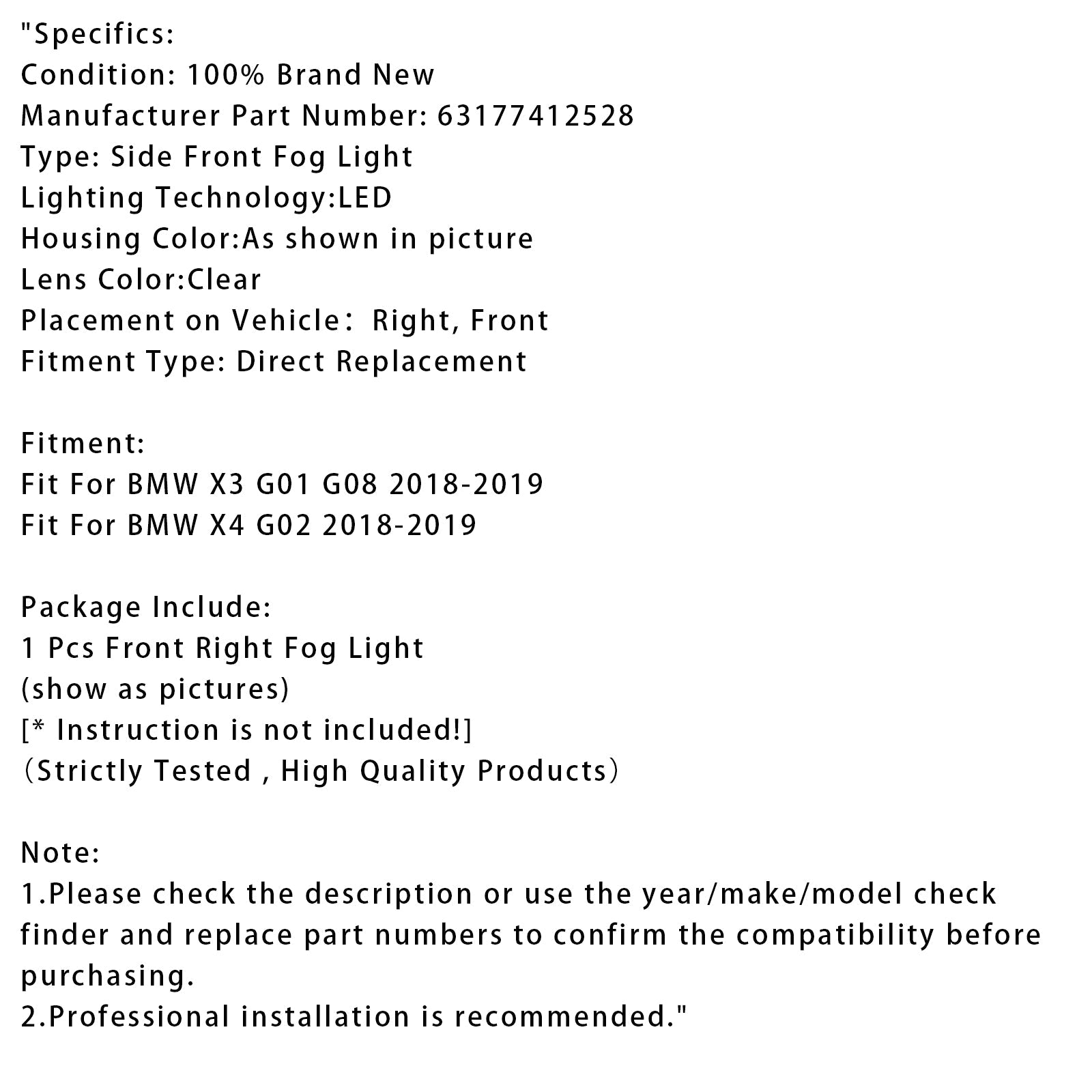 Luce della nebbia antincendio prima di destra al LED per BMW X3 G01 G08 X4 G02 2018-2019 63177412528