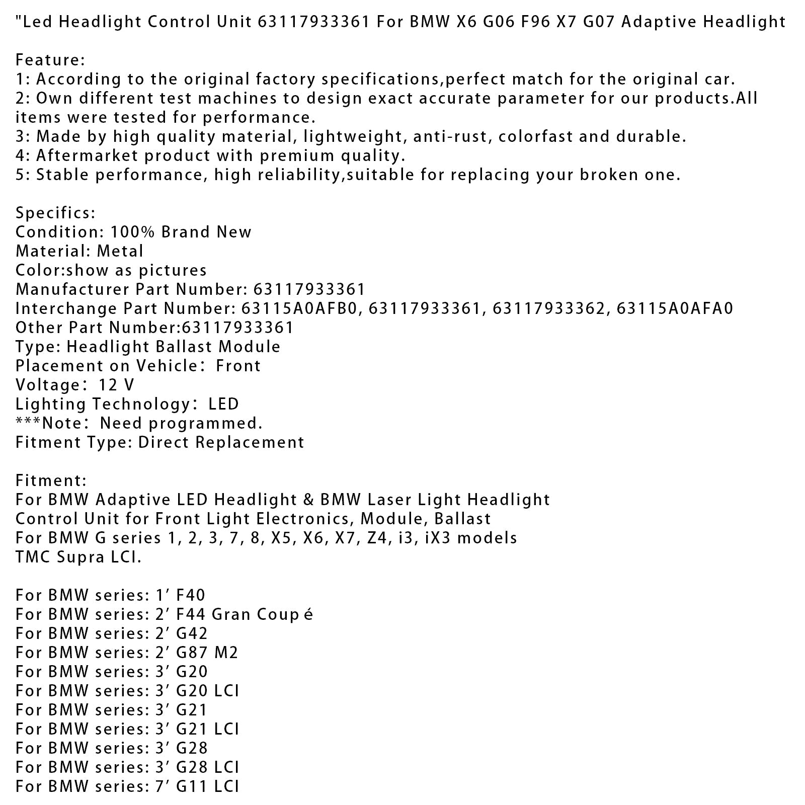 Unidad de control de faros 63117933361 para faros adaptables BMW X6 G06 F96 X7 G07