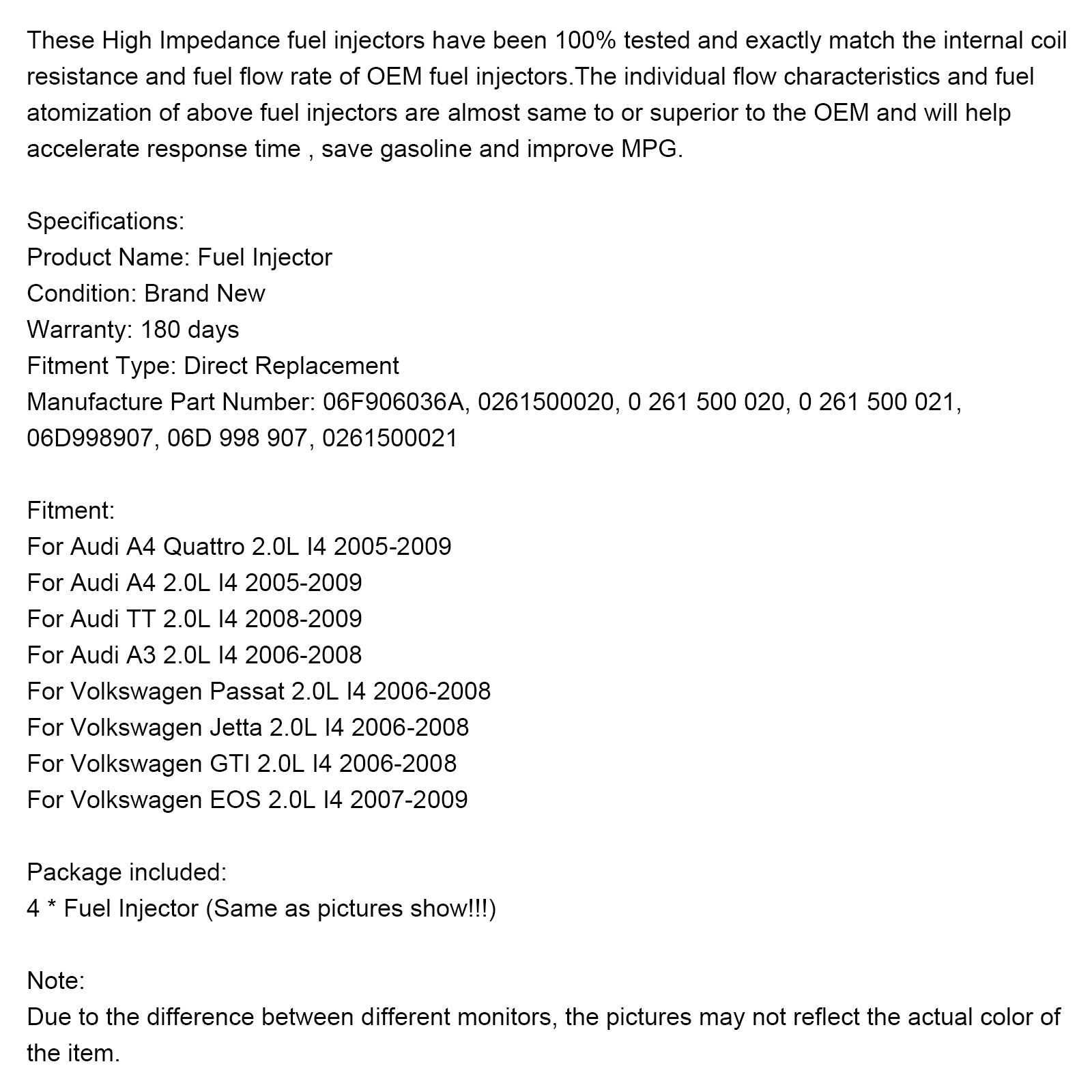 4 szt. Wtryskiwacz paliwa 06F906036A dla Audi A3 A4 A6 dla VW Golf Passat 2.0 Tfsi