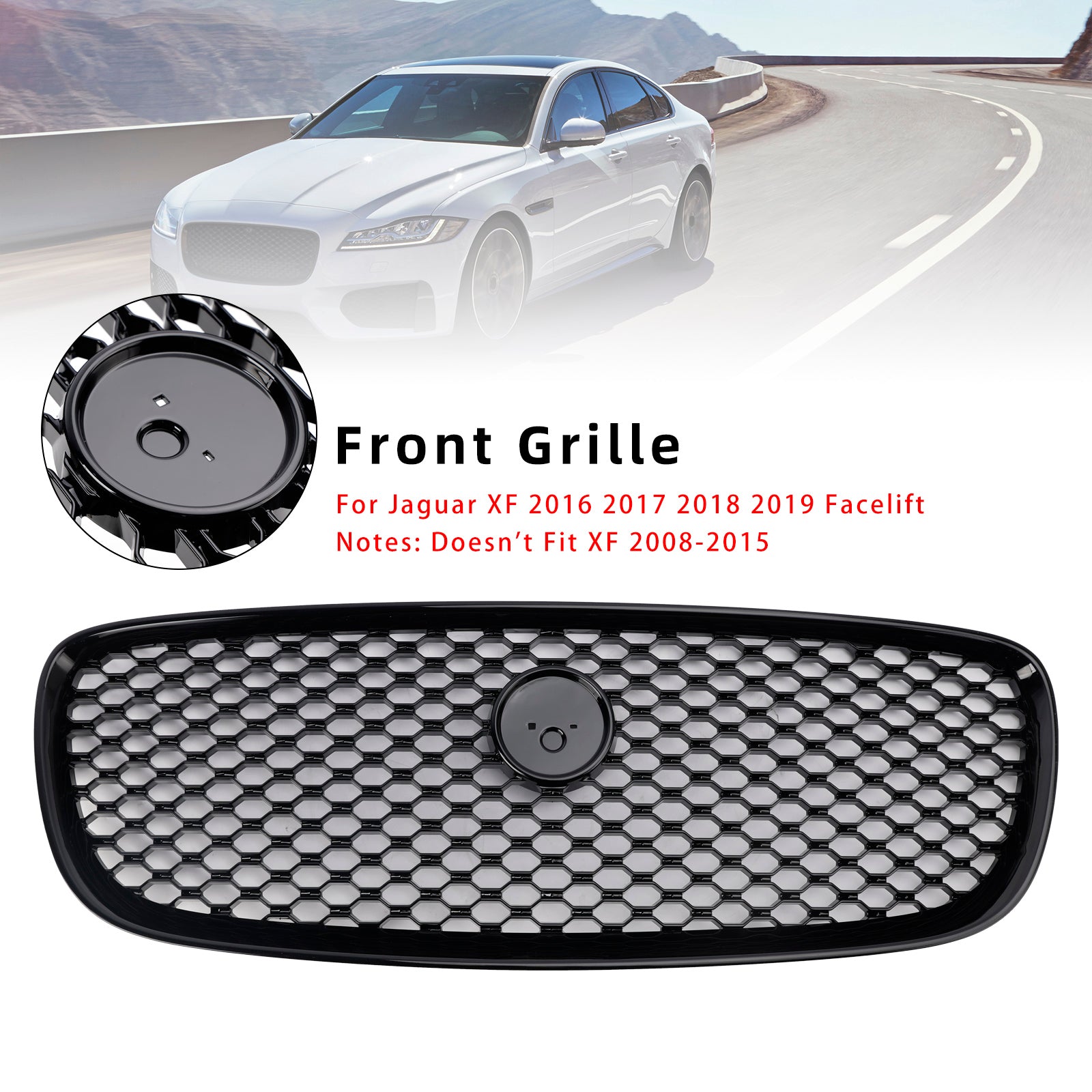 Grille de pare-chocs avant style Jaguar XF XF-R 2016-2019, noir brillant