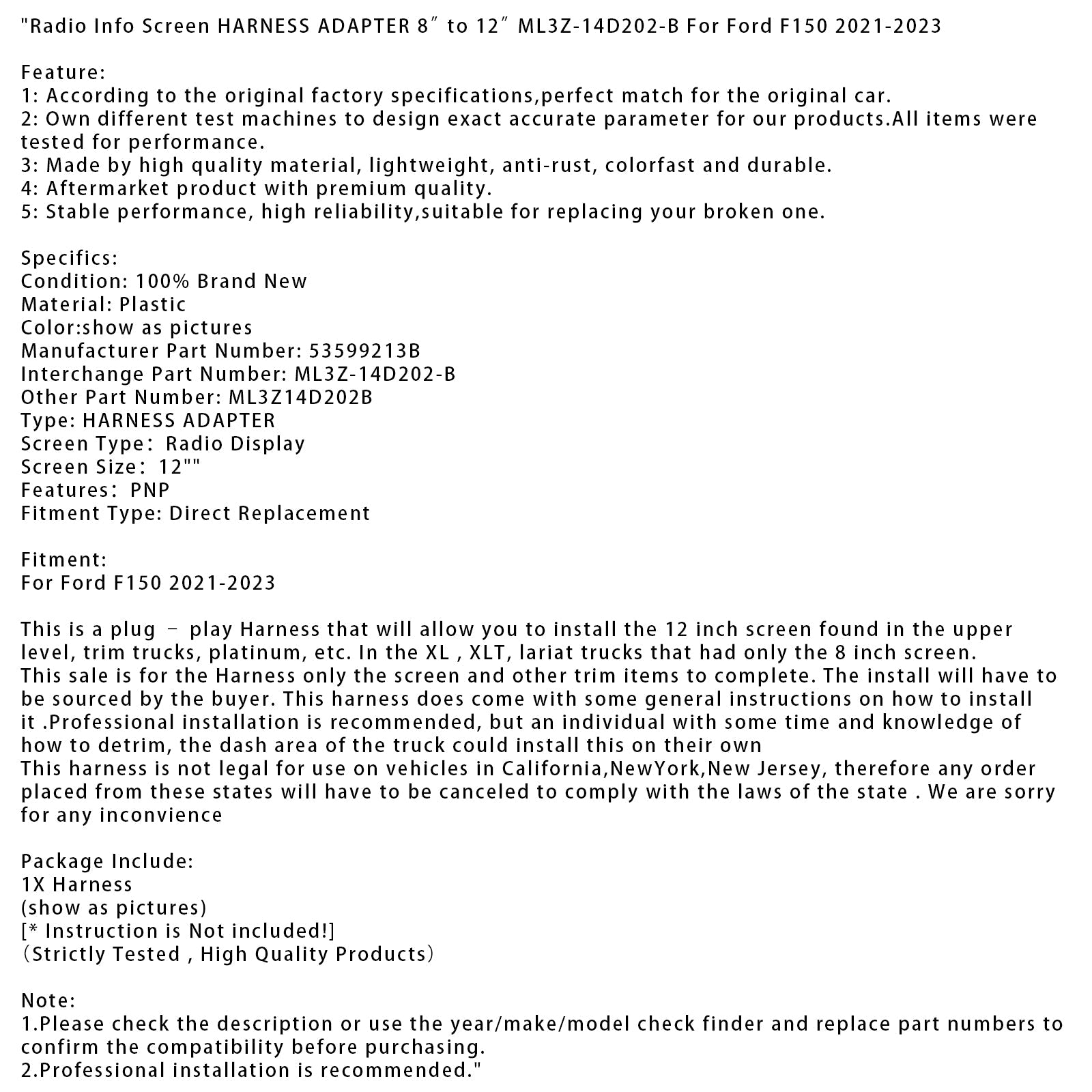 Adattatore per cablaggio per schermo D'informazioni radio Ford F150 2021-2023, 8"" ha 12""ML3Z-14D202-B