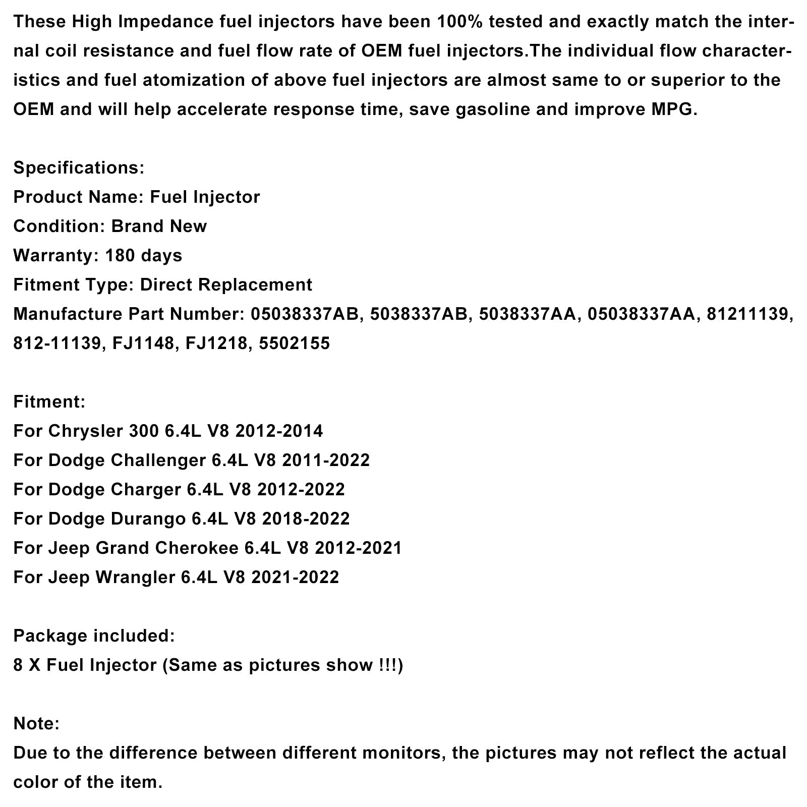 Inyector de combustible de 8 piezas 05038337AB para Dodge Charge y Grand Cherokee 2012-2021