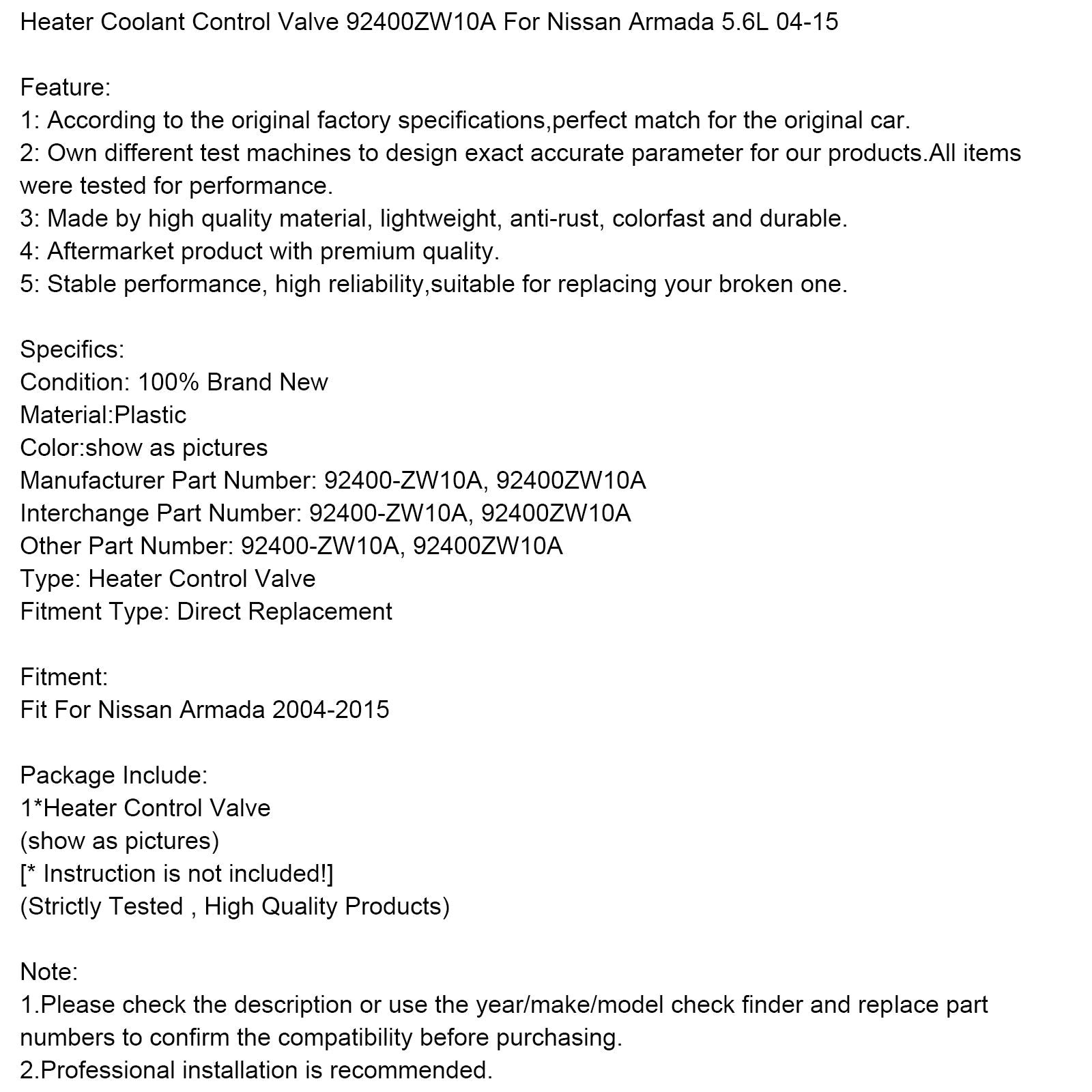 Nissan Armada 5.6L (2004-2015) - Lämmityslaitteen jäähdytysnesteen säätöventtiili - Osanumero : 92400ZW10ON