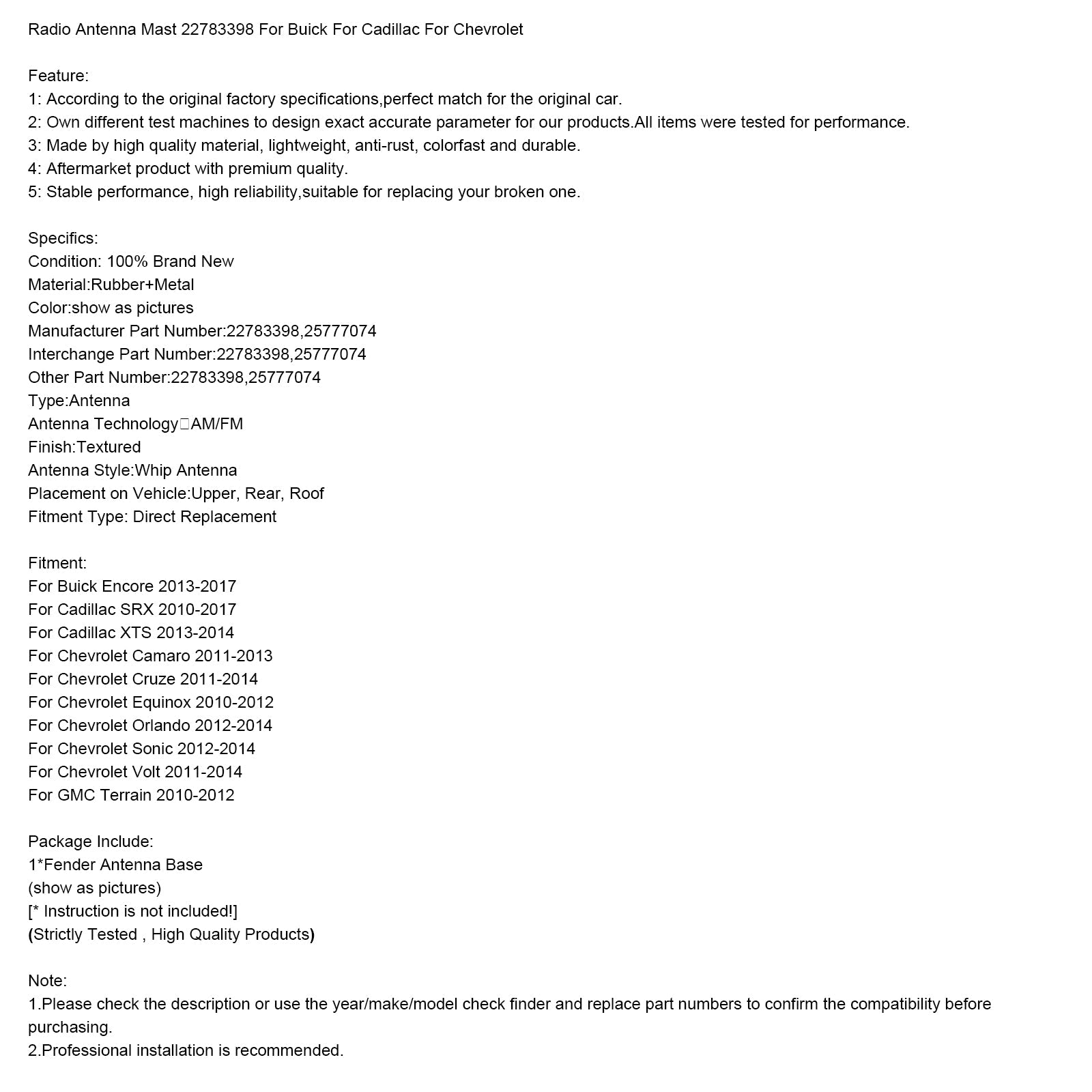 Antenne radio 22783398 pour Buick, Cadillac et Chevrolet