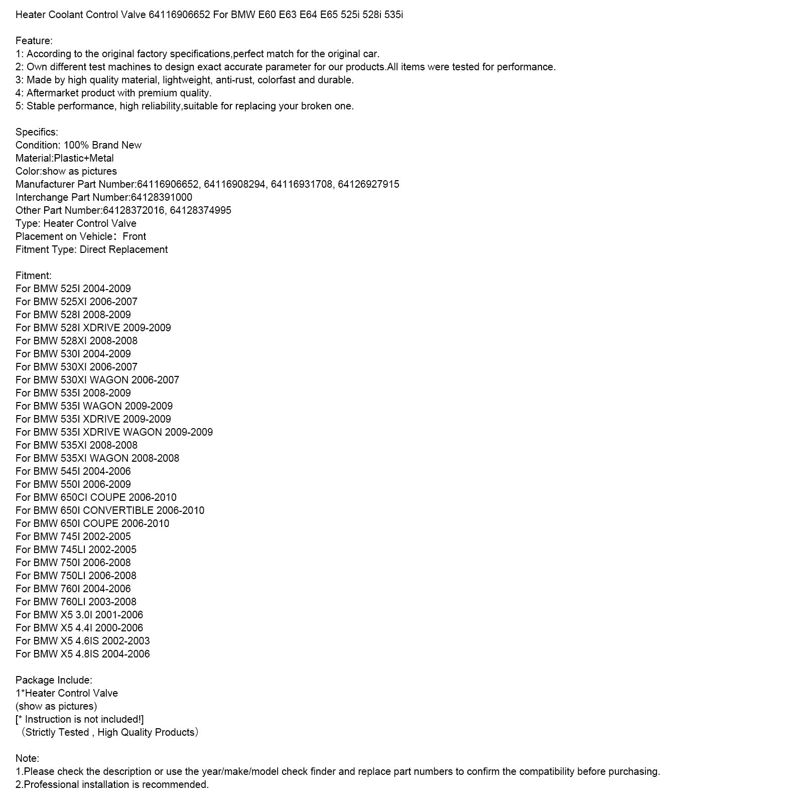 Électrovanne de régulation du liquide de refroidissement du chauffage 64116906652 pour BMW E60 E63 E64 E65 525i