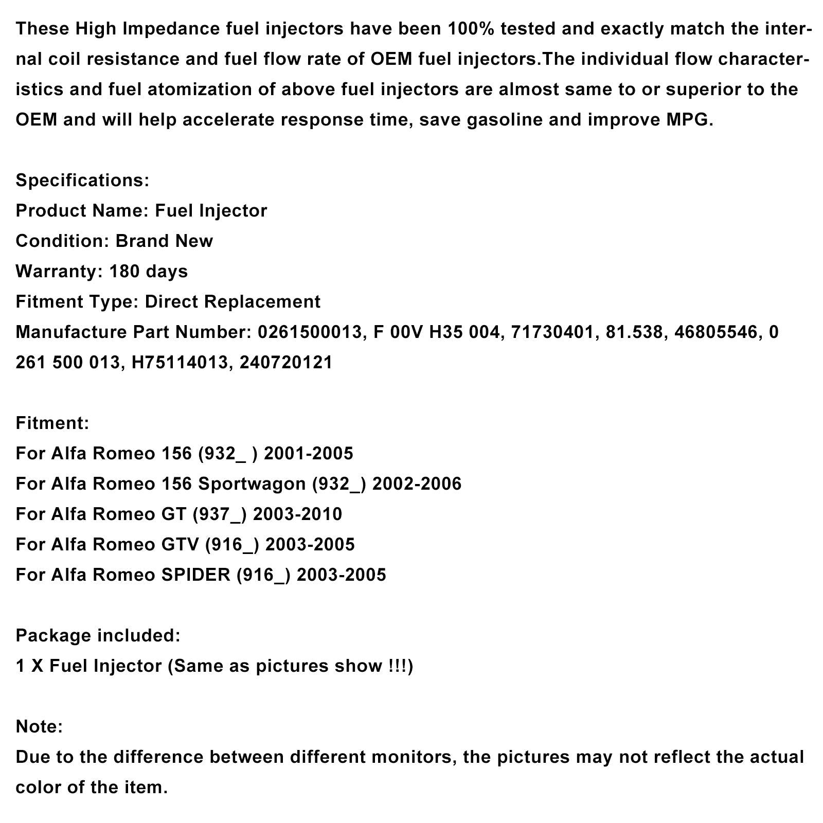 Inyector de combustible de 4 piezas 0261500013 para Alfa Romeo 156 932 GT 937 GTV Spider 916 2.0