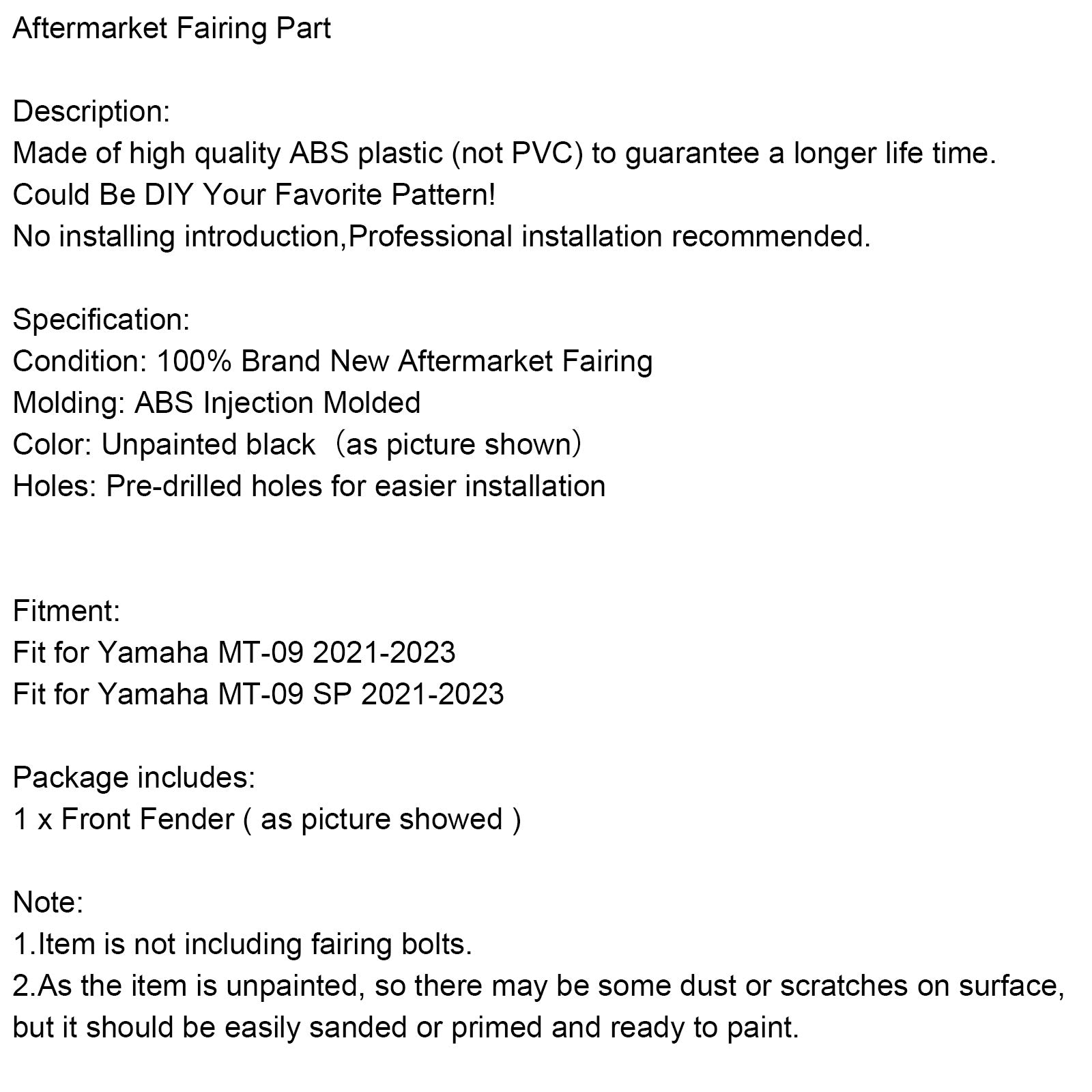 Carénage de garde-boue avant non peint pour Yamaha MT-09 / MT-09 SP 2021-2023