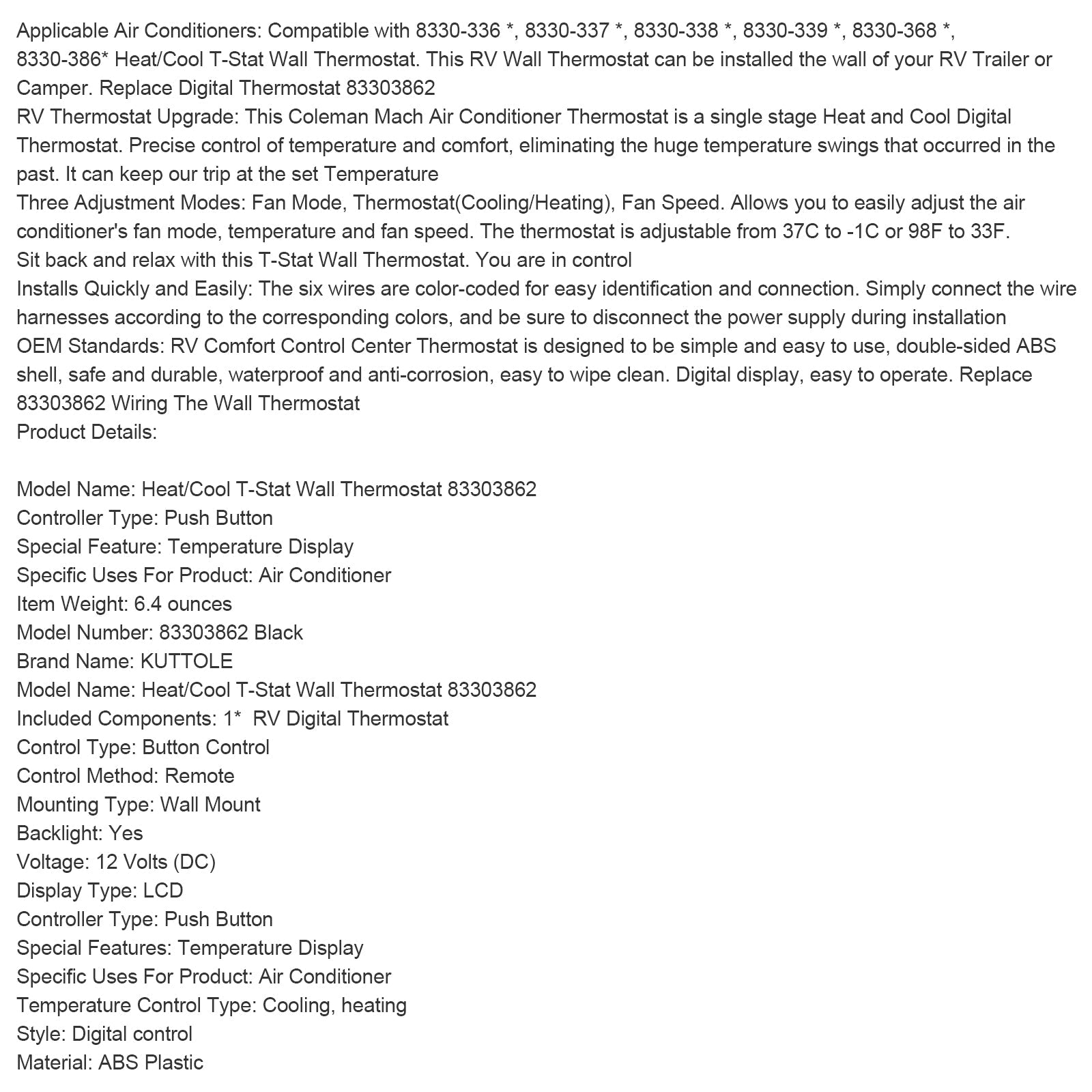 Termostato di sostituzione digitale per riscaldamento/raffreddamento compatibile con Coleman 83303362, nero