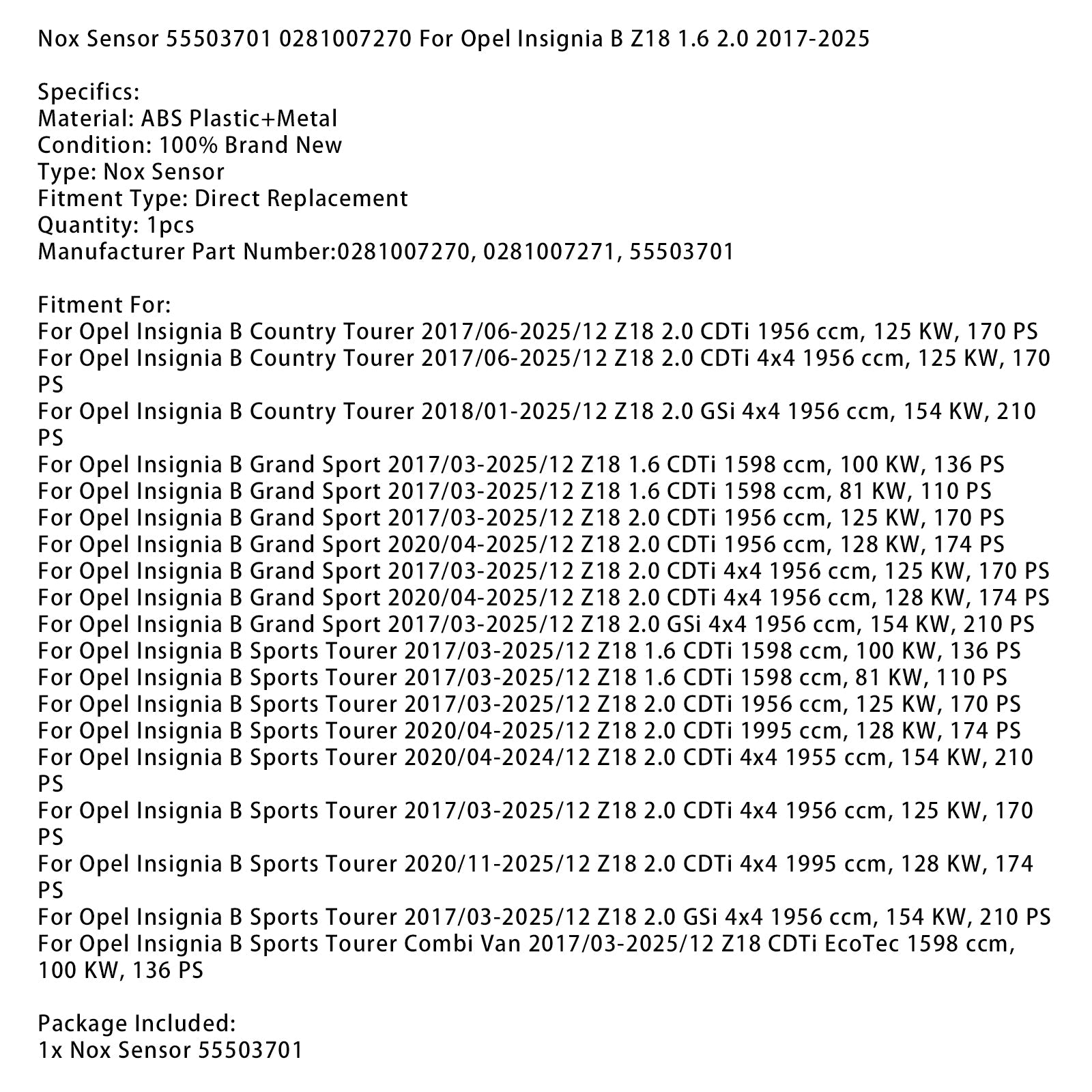 Senzor NOX 55503701 0281007270 za Opel Insignia B Z18 1.6 2.0 2017-2025
