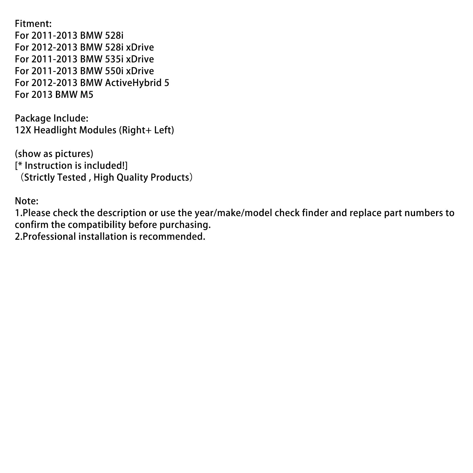 Phares à LED gauche et droit pour BMW ActiveHybrid 5 2012-2013, 12 pièces, AHL 63117316217 130732946100