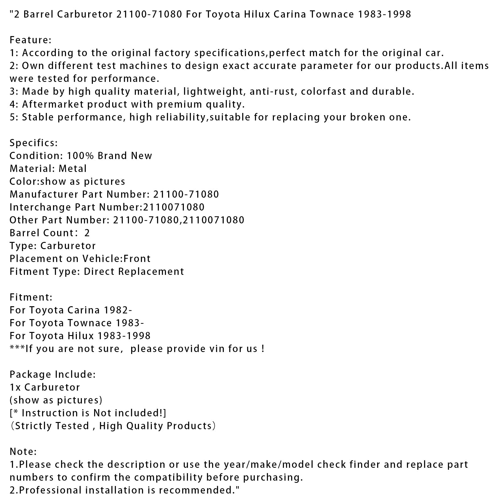 Carburateur 2 corps 21100-71080 pour Toyota Hilux Carina Townace 1983-1998