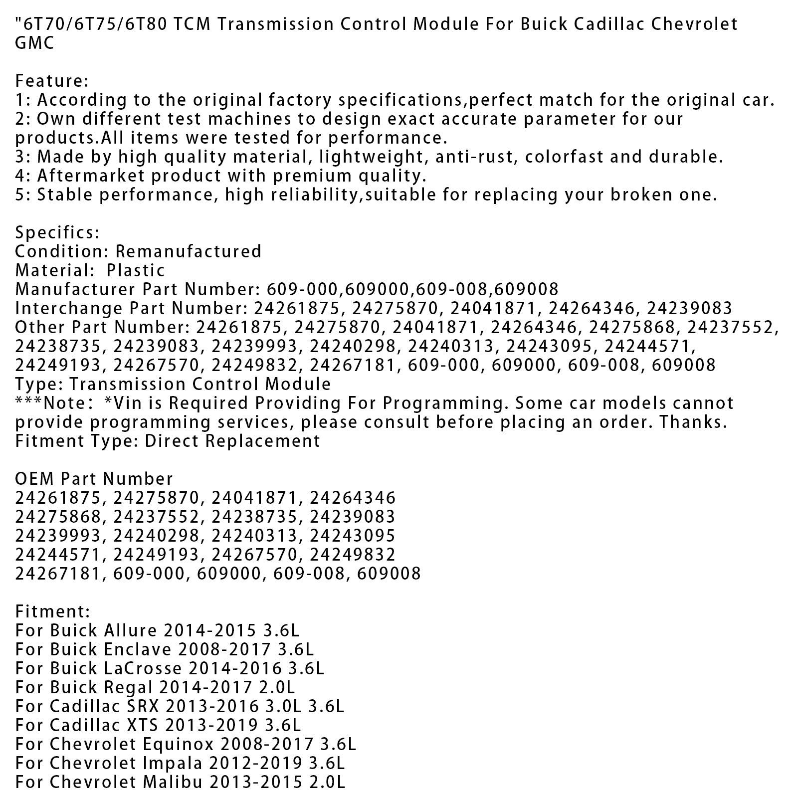 Módulo de control de transmisión Chevrolet Impala 3.6 L TCM 6T70/6T75/6T80 2012-2019