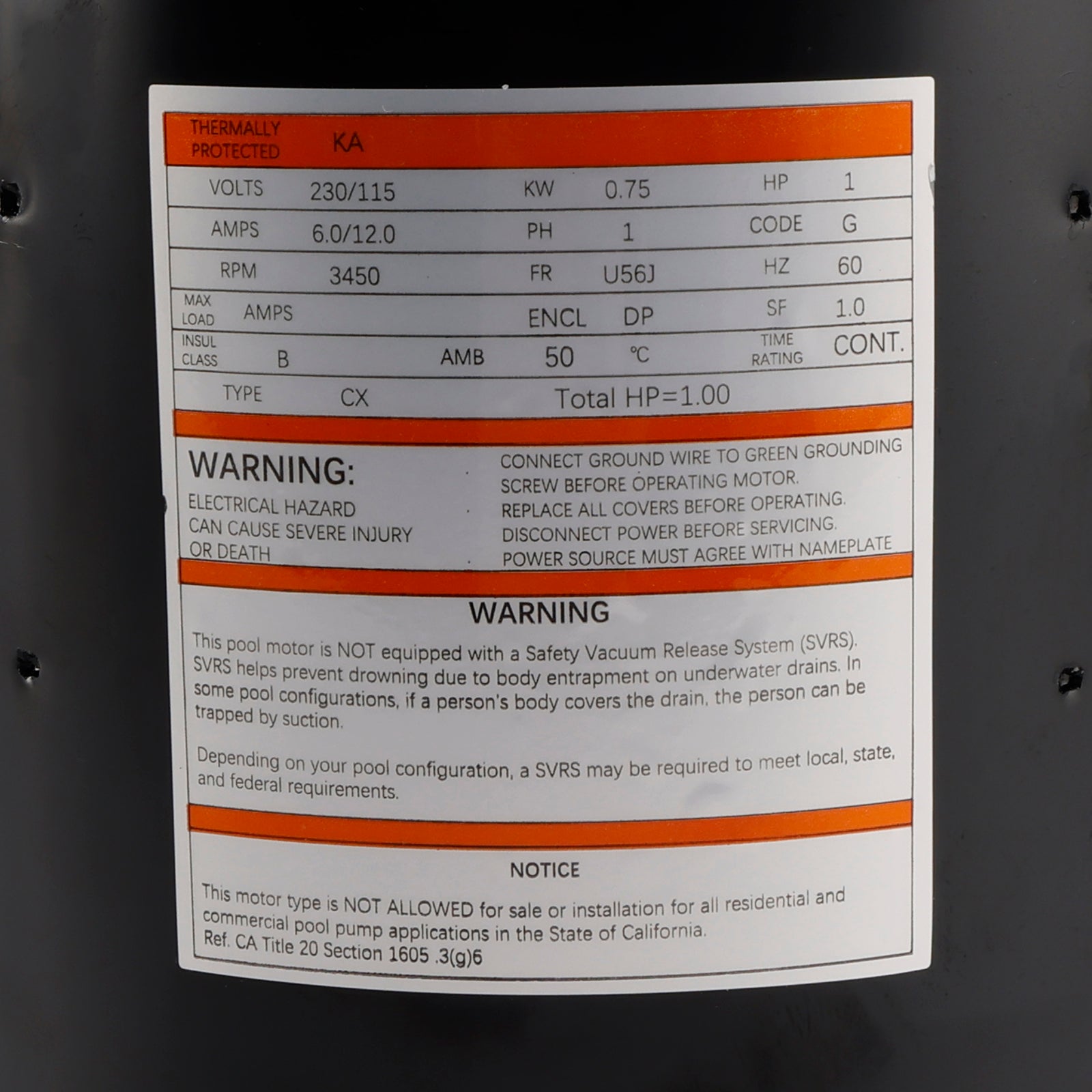 B228SE 1 Motor de piscina CV, 3 450 rpm, 1 velocidad, 230/115 V, 6/12 A