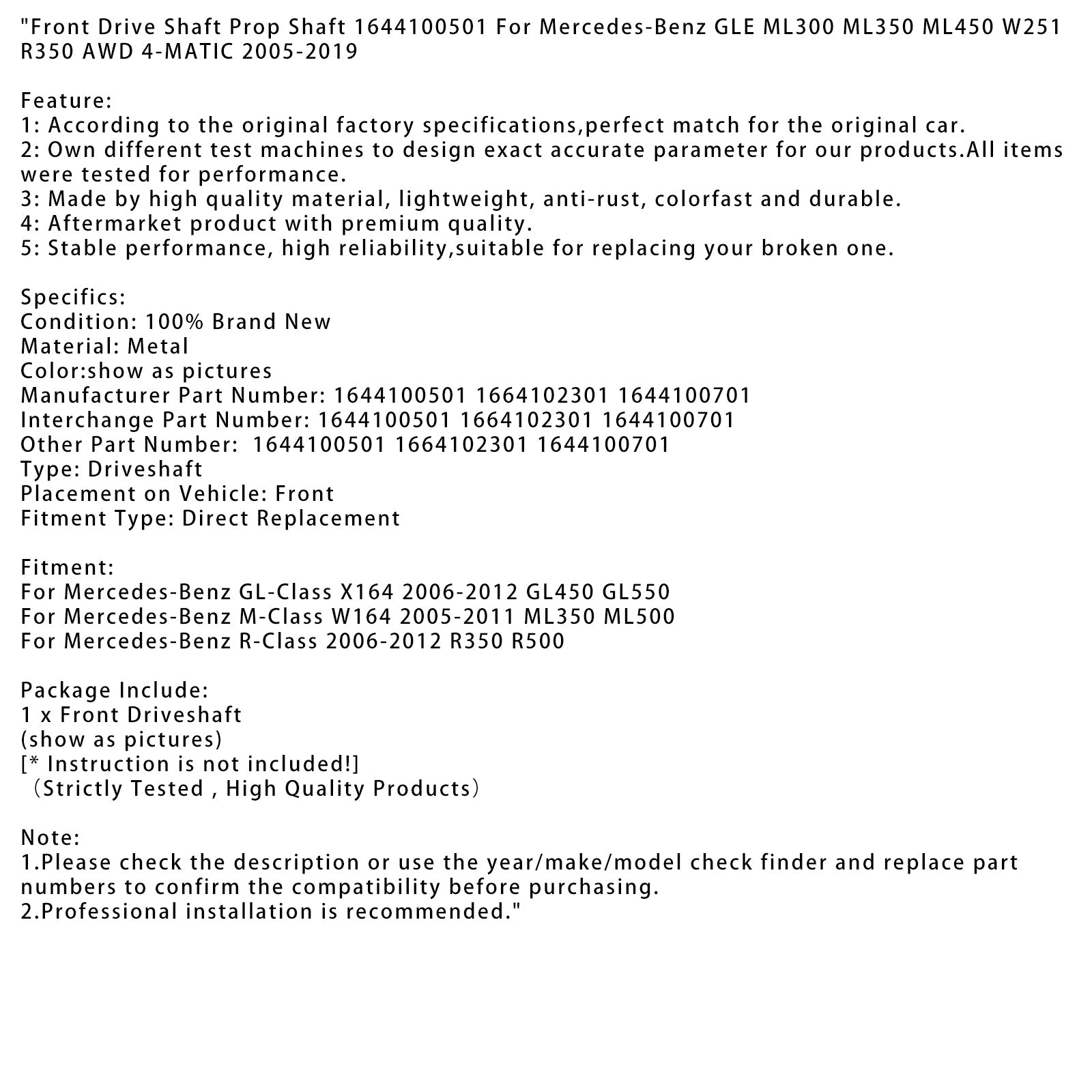 Arbre de transmission avant pour Mercedes-Benz Classe R R350 R500 2006-2012, arbre de transmission 1644100501, 1644100701, 1664102301