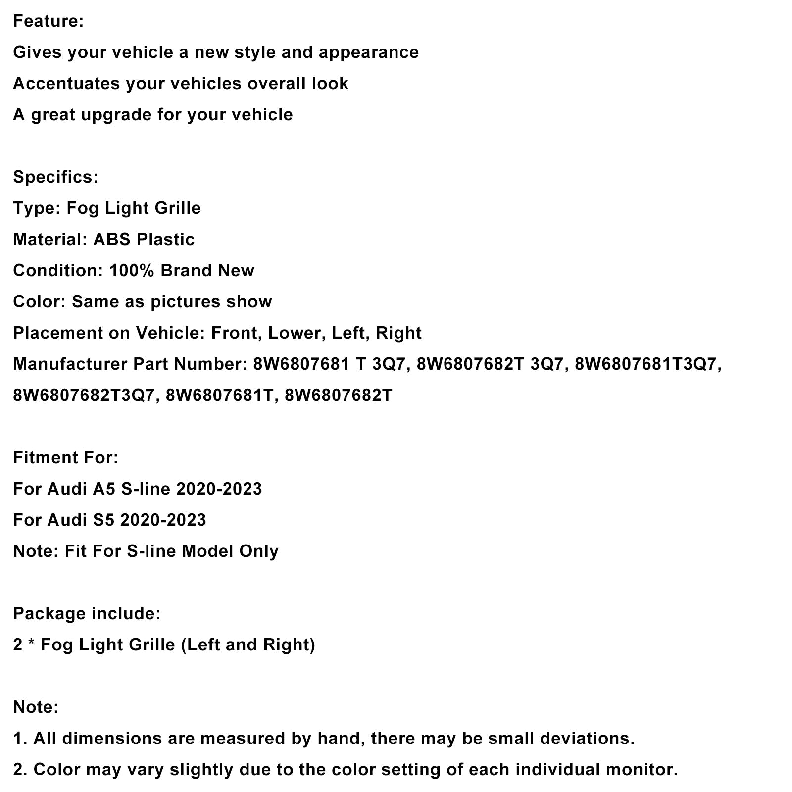 Grille de protection antibrouillard pour pare-chocs avant Audi A5 S-line S5 2020-2023 8W6807682T3Q7