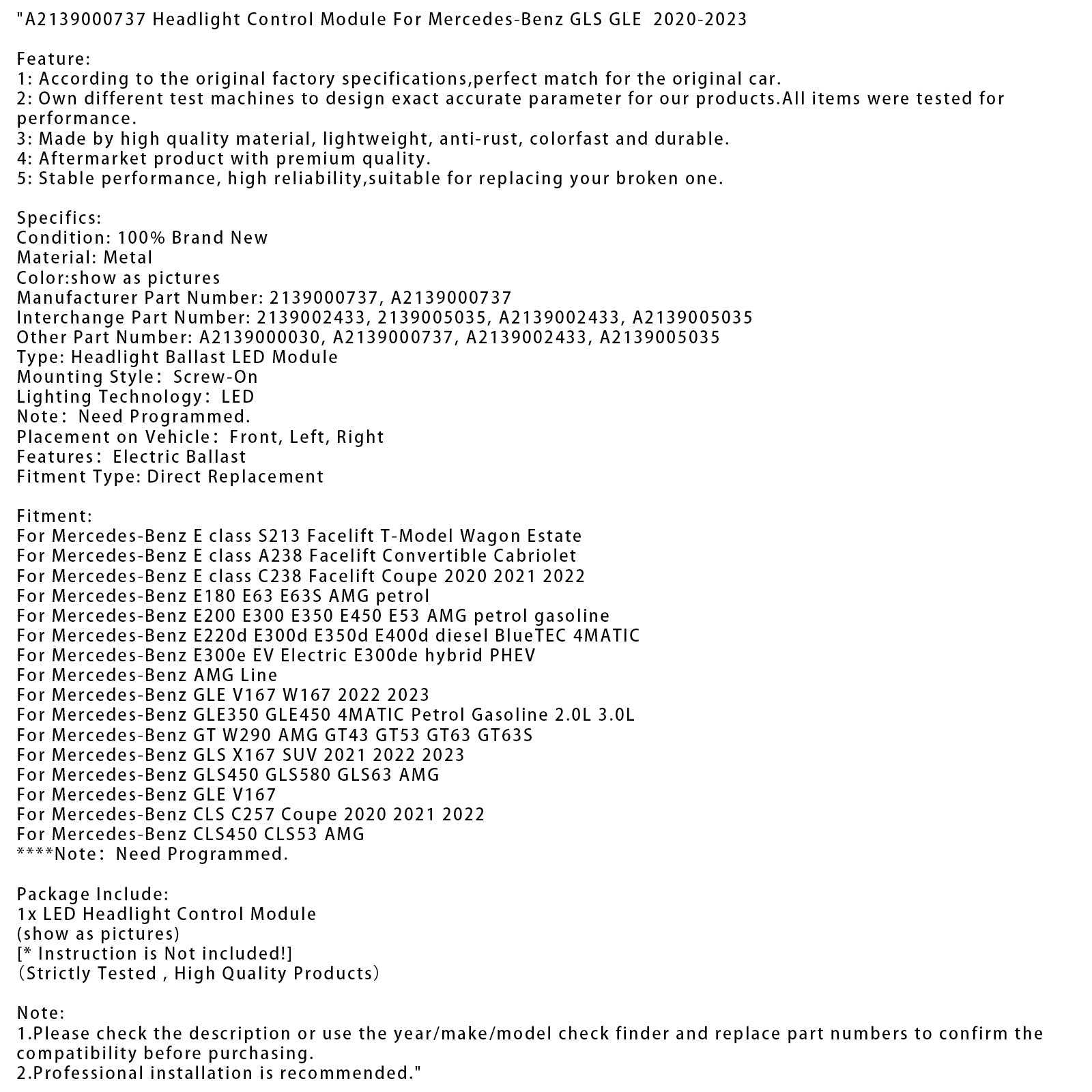 Krmilna enota žarometov Mercedes-Benz GLE V167 W167 (2022–2023) A2139000737