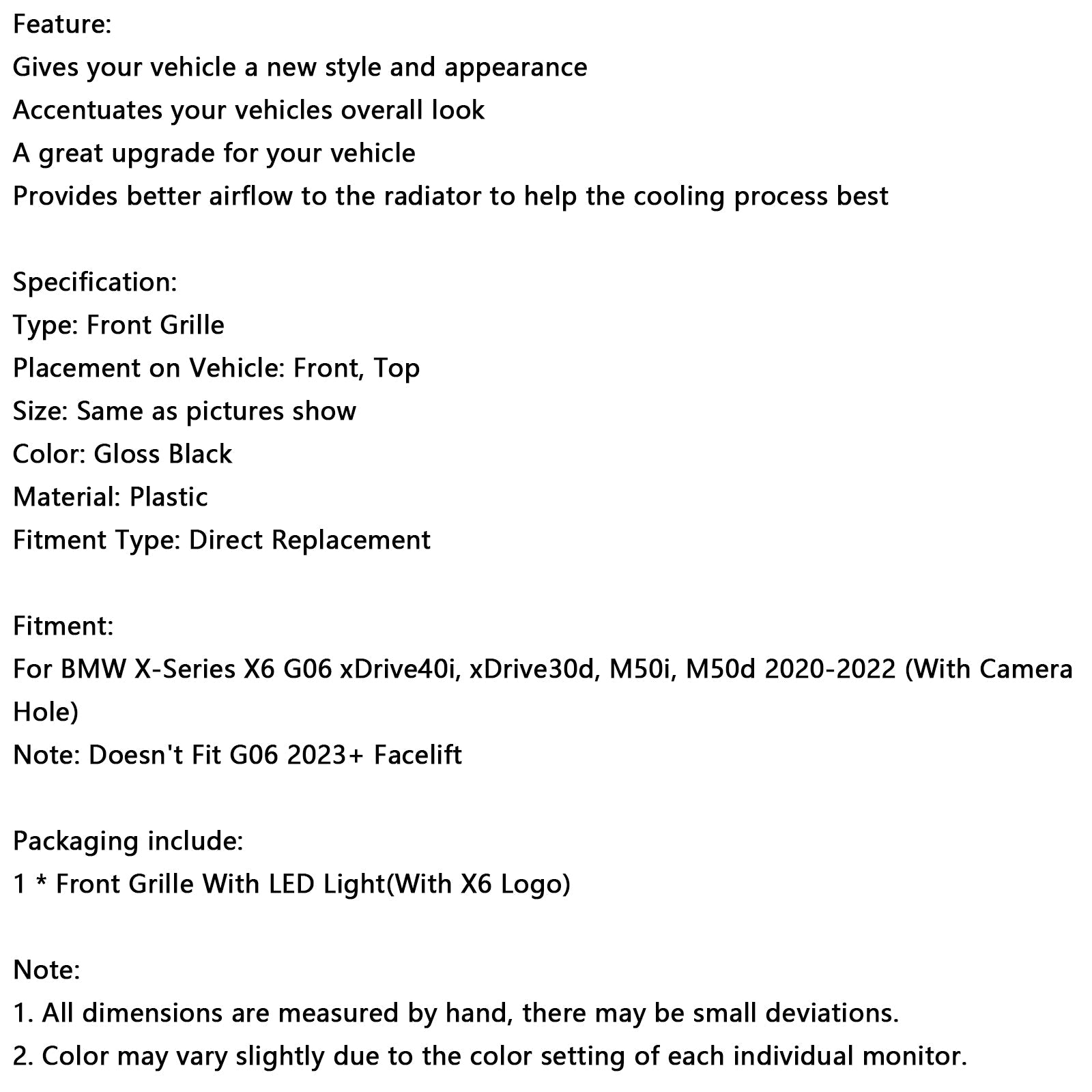 Musta etupuskurin ruudukko BMW X6 G06 M50i 2020-2022 kameran reikällä