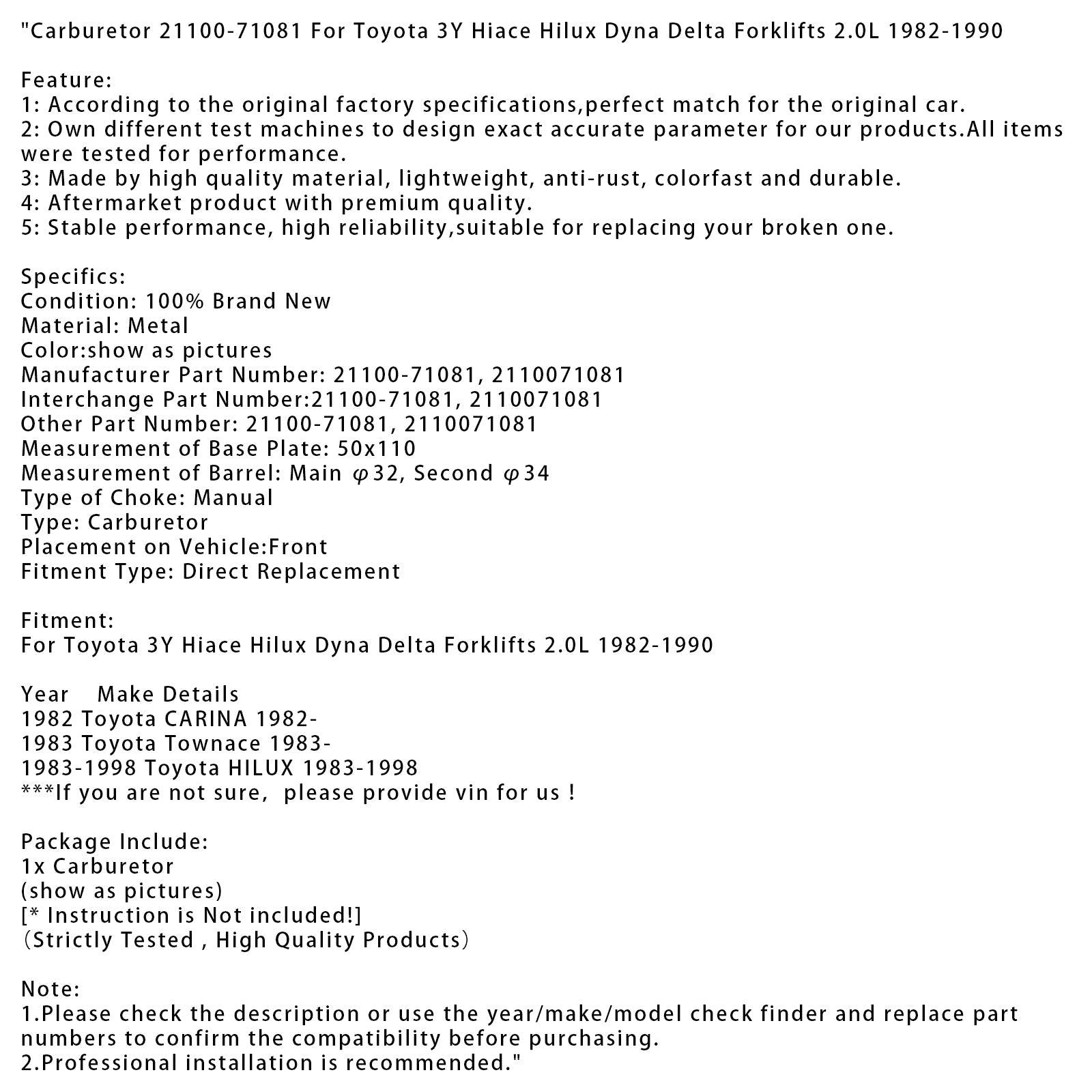 Gaźnik 21100-71081 do wózków widłowych Toyota 3Y Hiace Hilux Dyna Delta 2.0L 82-90