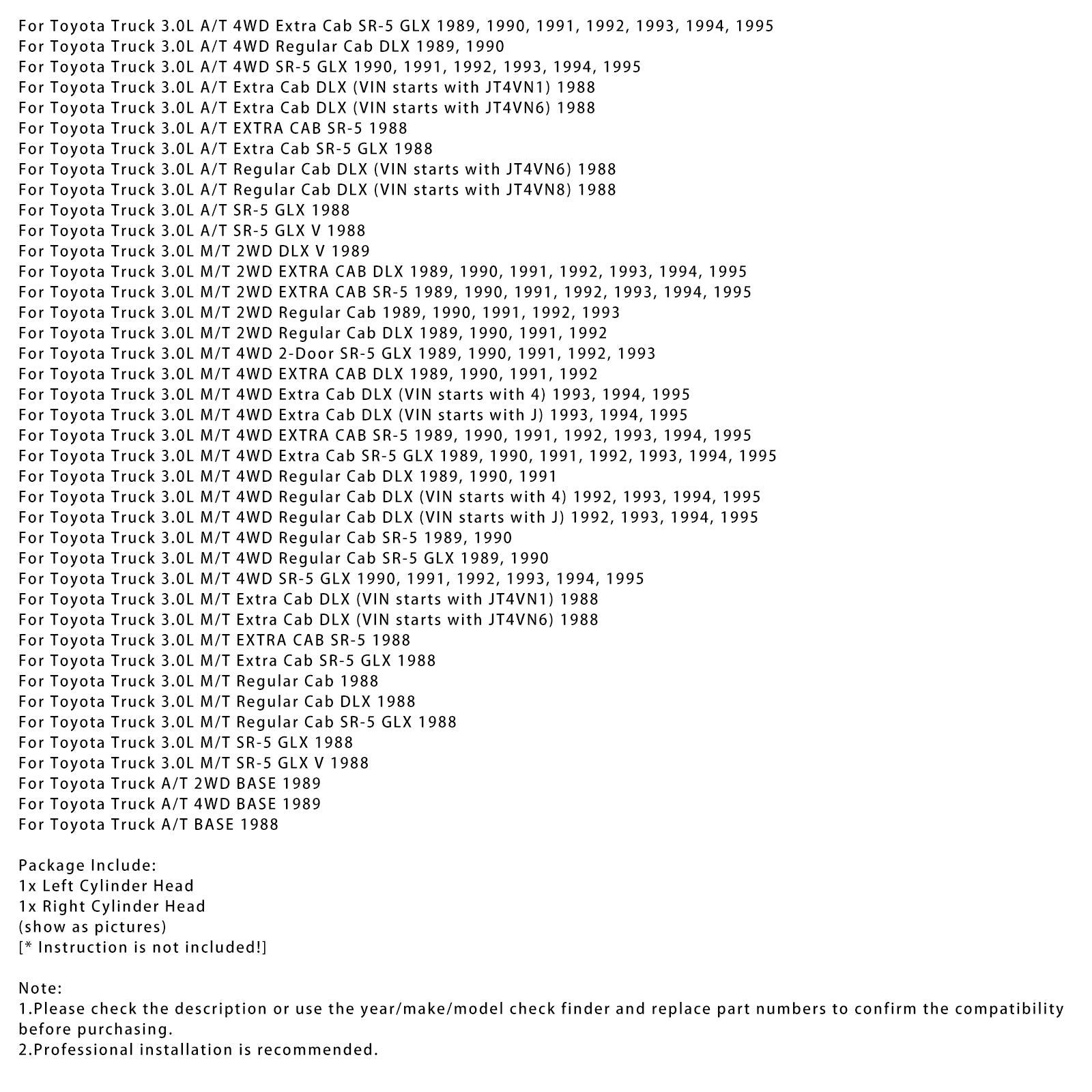 1989-1995 Toyota Truck 3.0LA/T 4WD EXTRA CAB SR-5 vasen + oikea sylinterinkansi 1110165011 1110165021