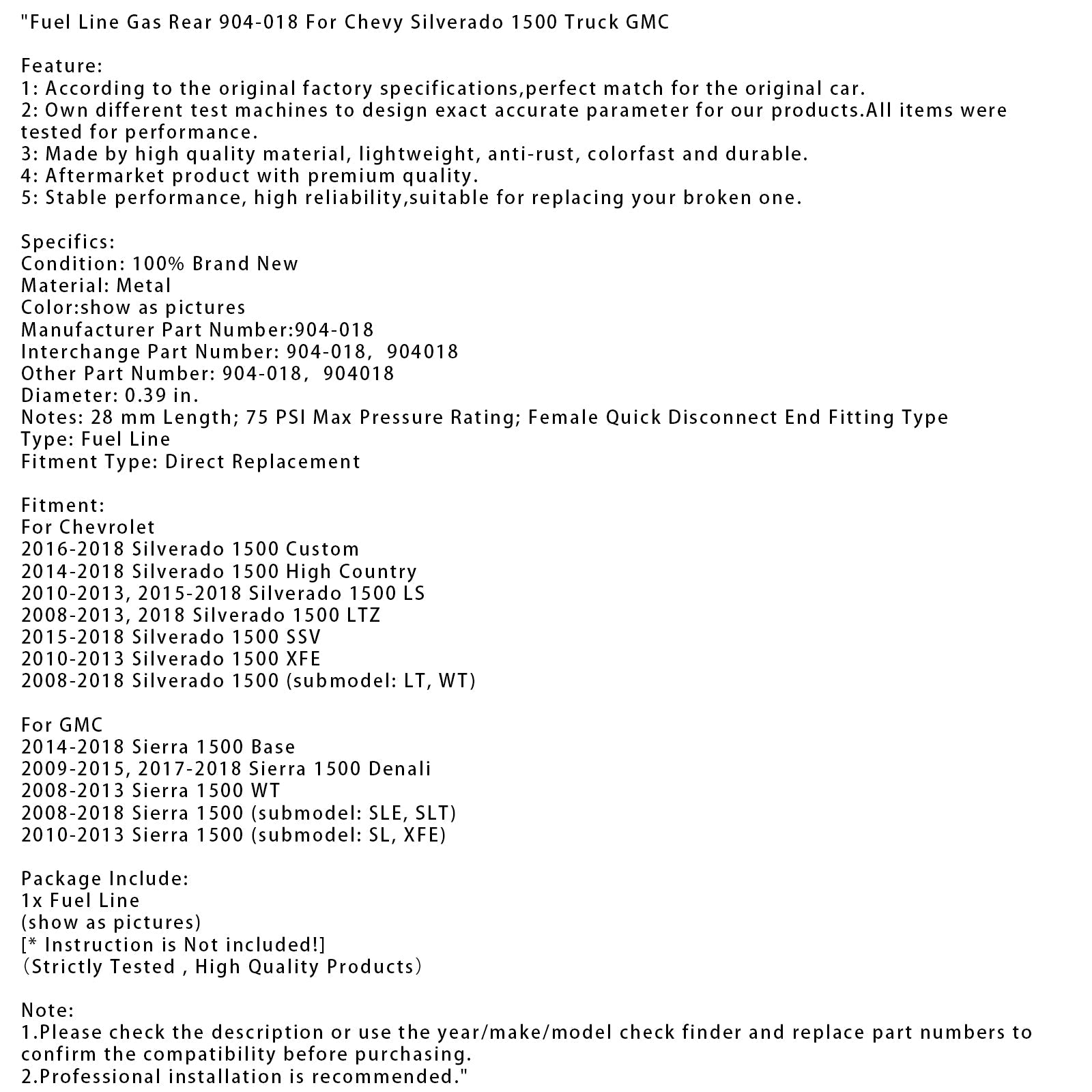Tylny przewód paliwowy 904-018 do Chevy Silverado 1500 i GMC Pickup Truck