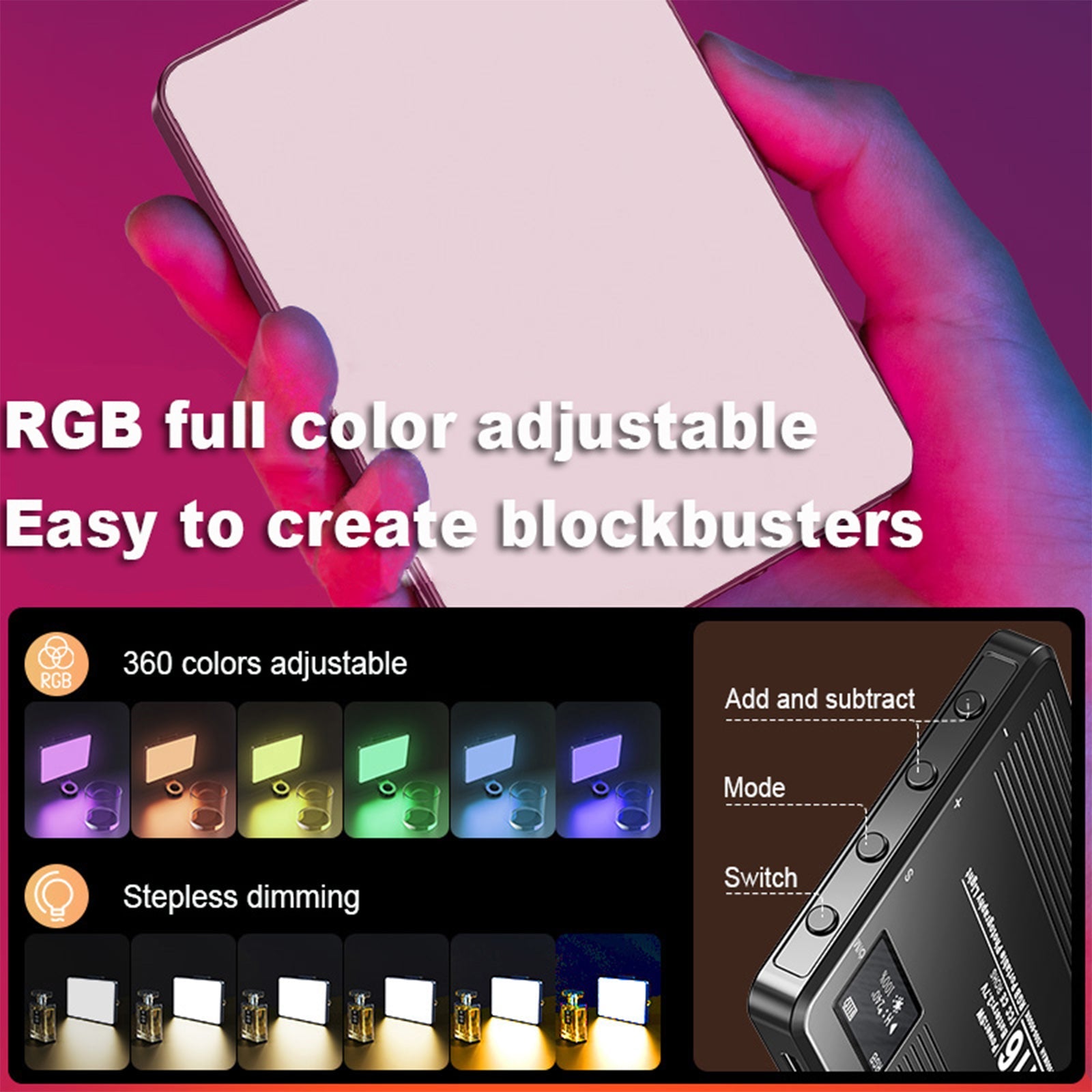 Linterna RGB 3000-9900K Luz de relleno LED RGB delgada a todo color Luz viva suave