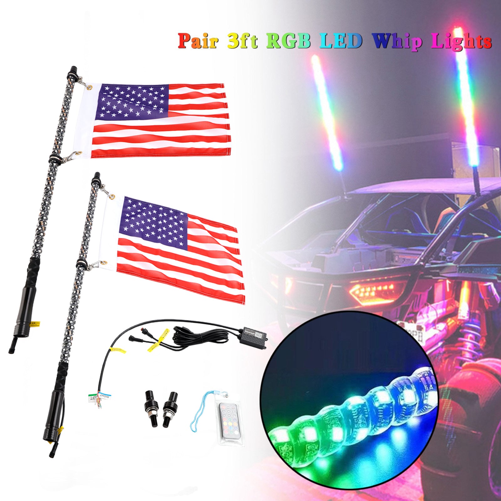 2x 3 piedi RGB LED LED LUCE ANTENNA W/Flusso in streccia per Polaris RZR UTV ATV