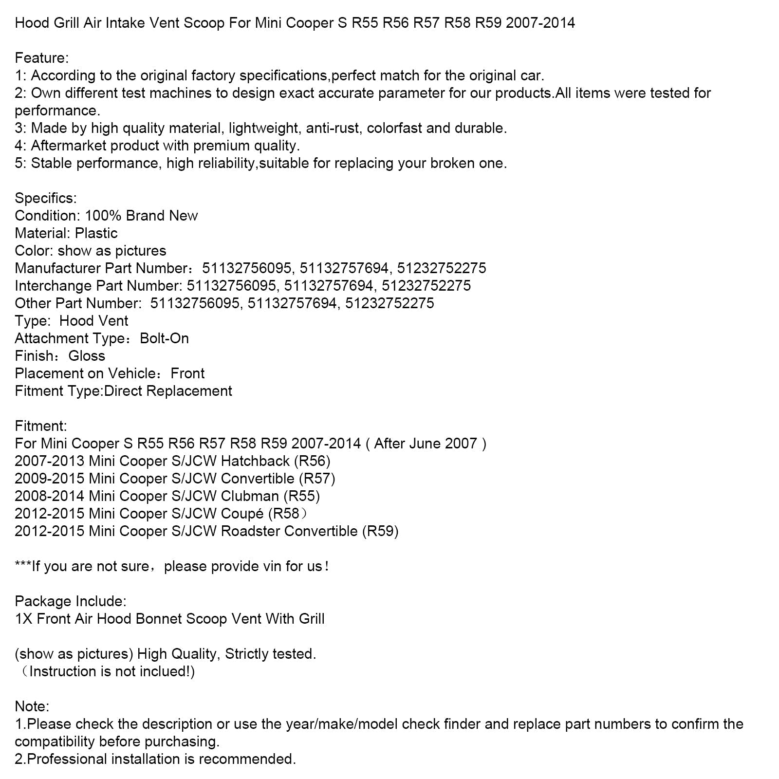 2007-2013 Mini Cooper S/JCW Hatchback (R56) odpowietrznik maski 51132756095