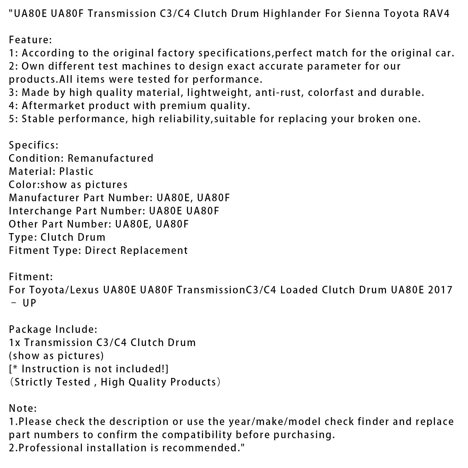 2017–UP Sienna Toyota RAV4 UA80E UA80F Transmission C3/C4 Tambour d'embrayage Highlander